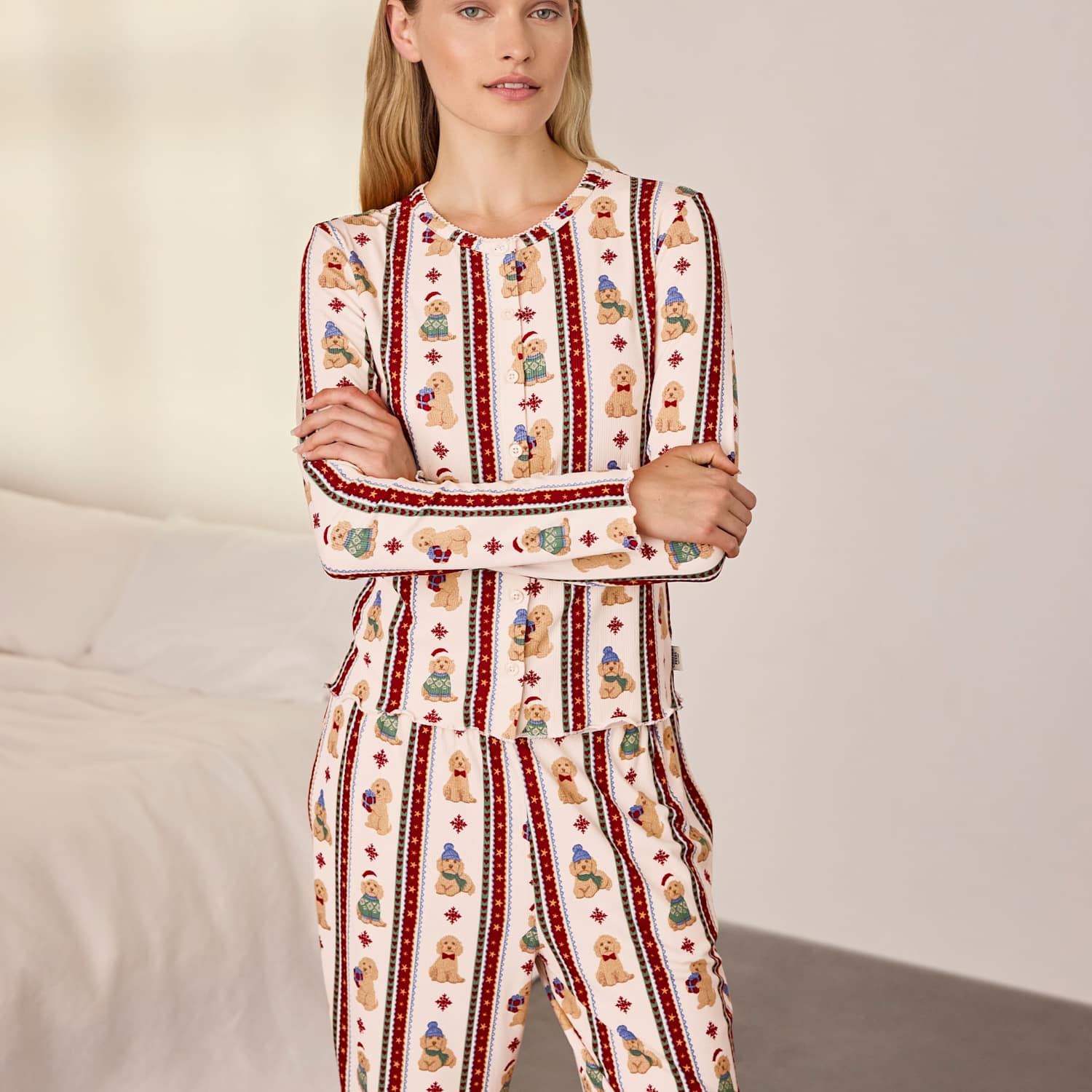 Chelsea Peers Women's Family Christmas Dog Print Pyjama Set - 20 - Cream Mix - Available at M&S