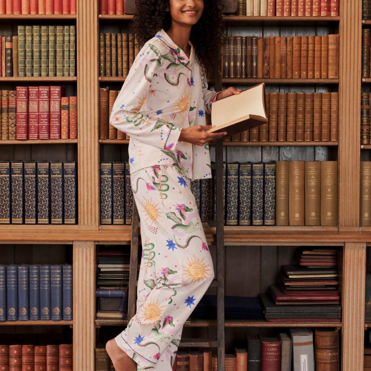 Chelsea Peers Women's Cotton Rich Dragon Hero Print Long Pyjama Set - 10 - Light Cream - Available at M&S