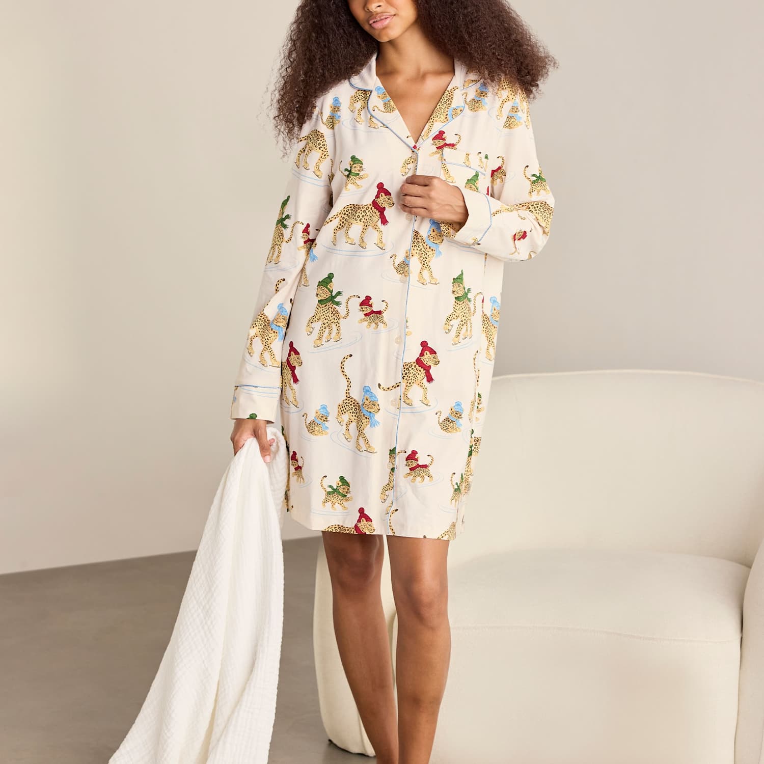 Chelsea Peers Women's Family Christmas Skating Leopard Print Nightshirt - 18 - Cream Mix - Available at M&S