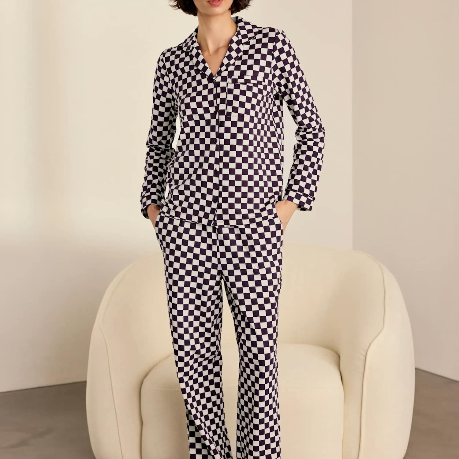 Chelsea Peers Women's Cotton Rich Checkerboard Print Long Pyjama Set - 14 - Burgundy - Available at M&S