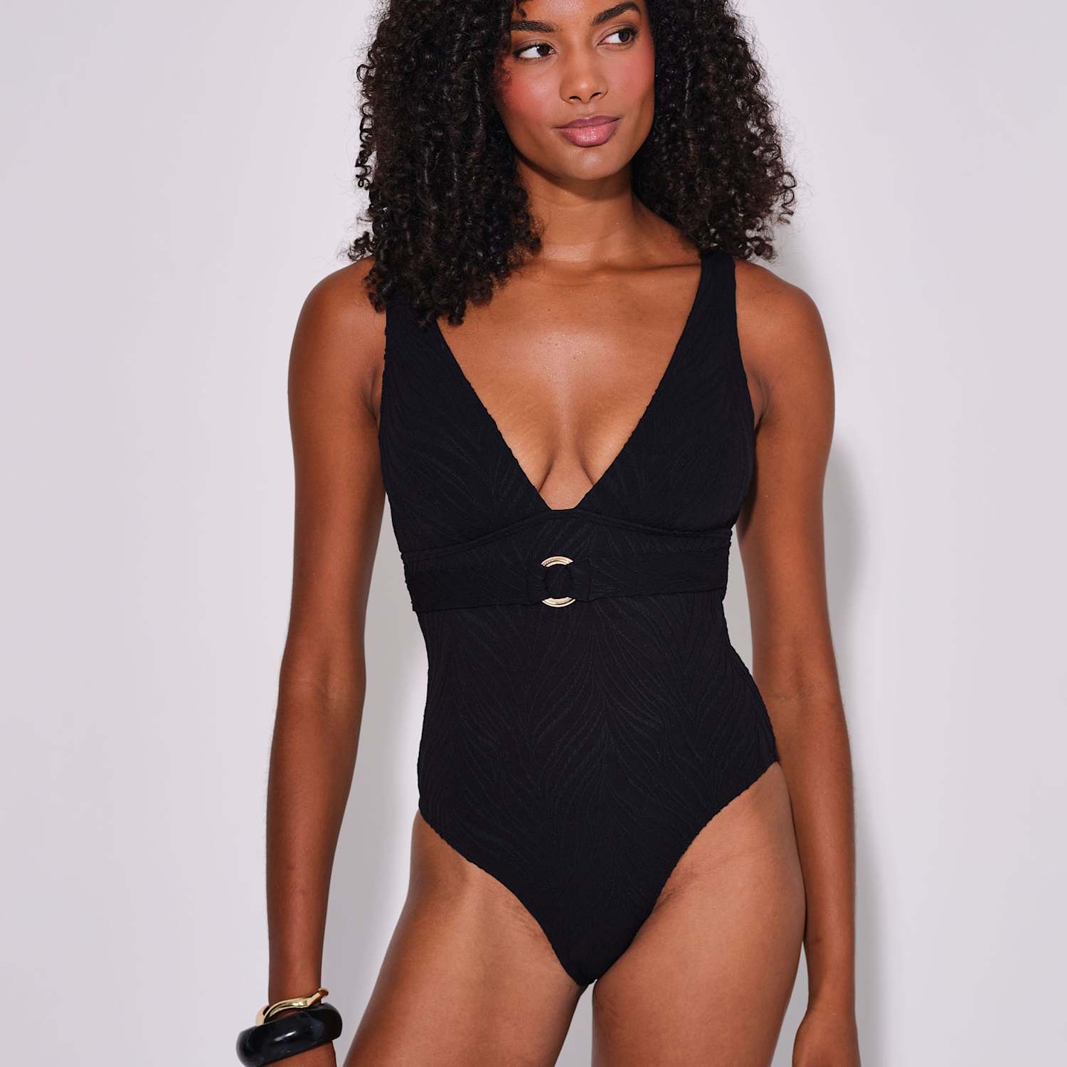 South Beach Women's Textured Ring Detail Plunge Swimsuit - 18 - Black - Available at M&S