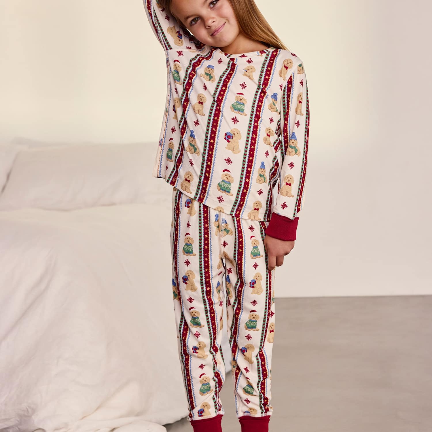Chelsea Peers Kids Family Christmas Dog Print Pyjama Set (1-10 Yrs) - 7-8 Years - Cream Mix - Available at M&S
