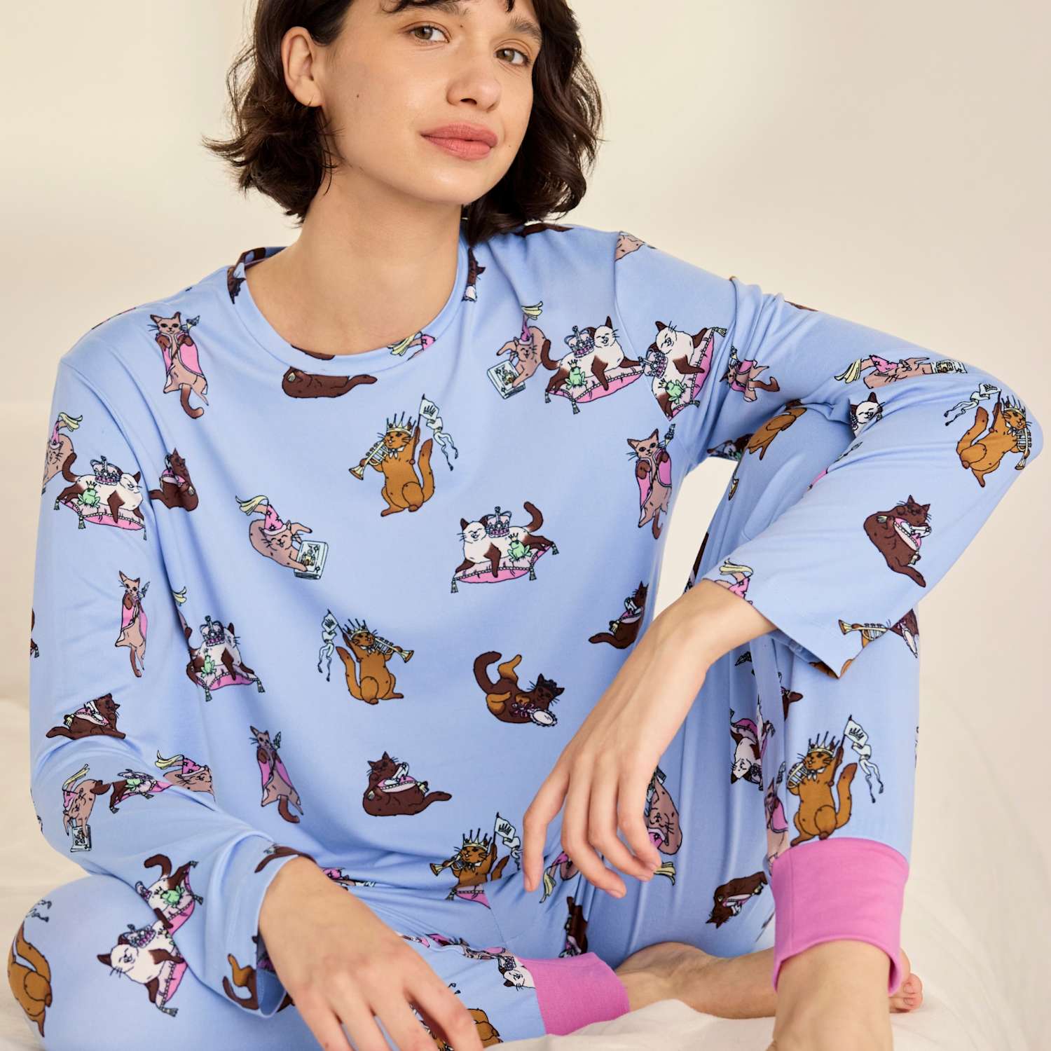 Chelsea Peers Women's Fairytale Cats Long Button Up Pyjama Set - 16 - Blue Mix - Available at M&S
