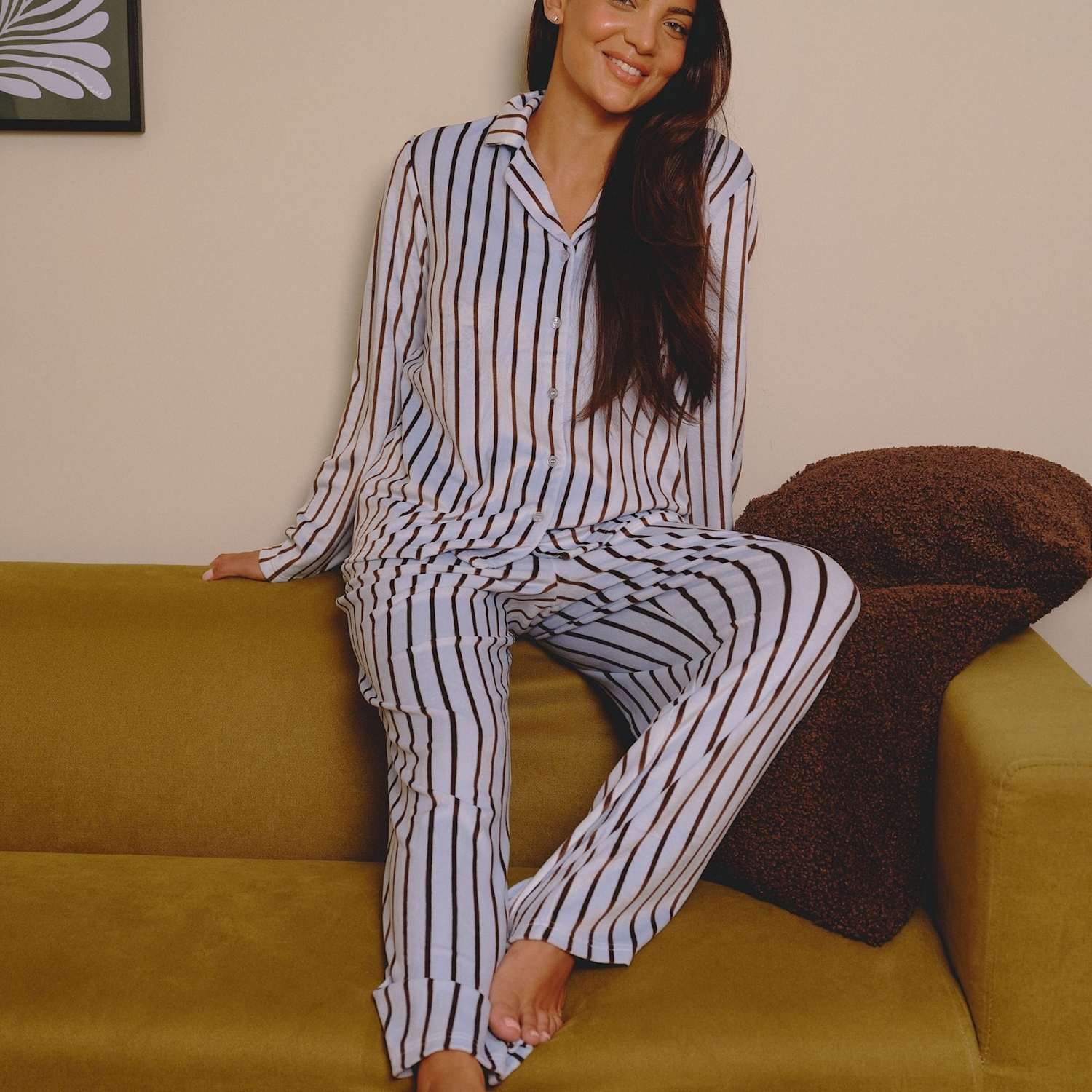 Loungeable Women's Striped Velour Pyjama Set - Small - Blue Mix - Available at M&S