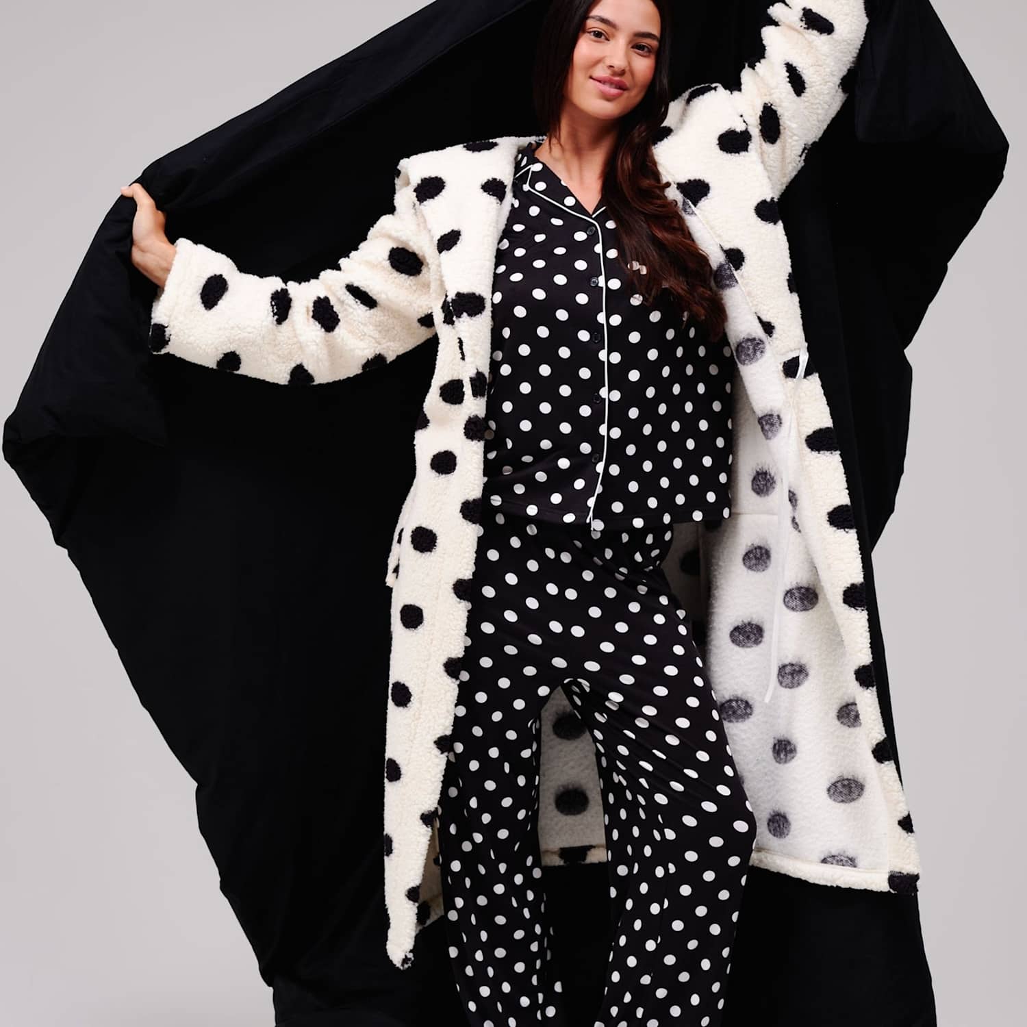 Loungeable Women's Fleece Polka Dot Hooded Dressing Gown - Medium - Cream Mix - Available at M&S