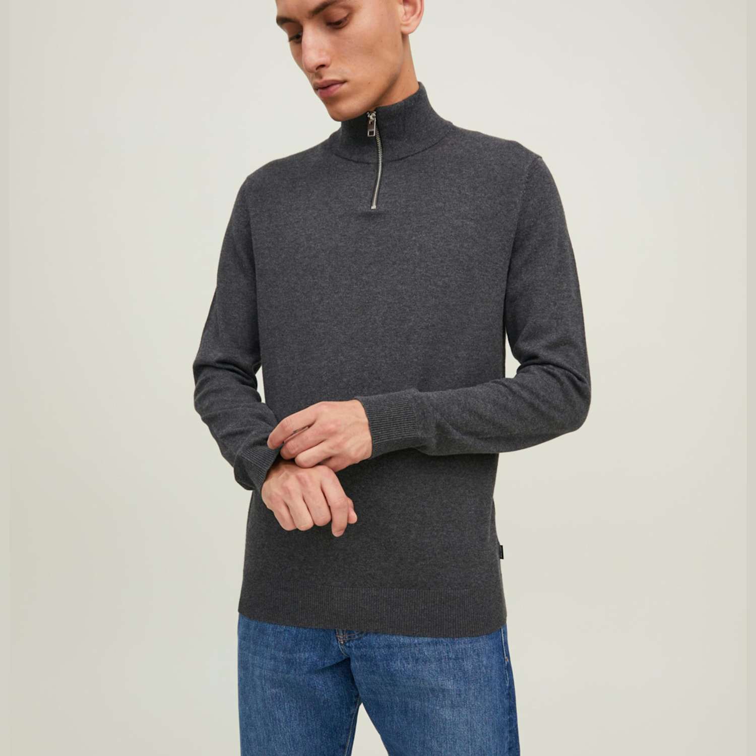 Jack & Jones Men's Cotton Rich Half Zip Jumper - L - Dark Grey - Available at M&S