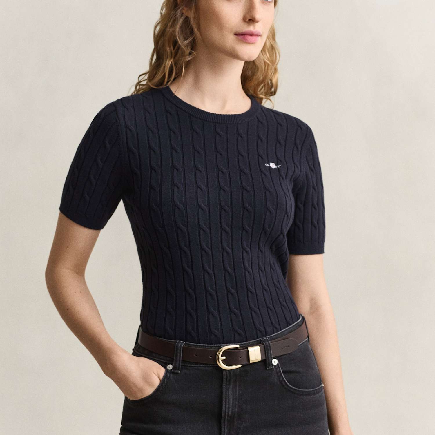 Gant Women's Cotton Rich Cable Crew Neck Knitted T-Shirt - Large - Navy - Available at M&S
