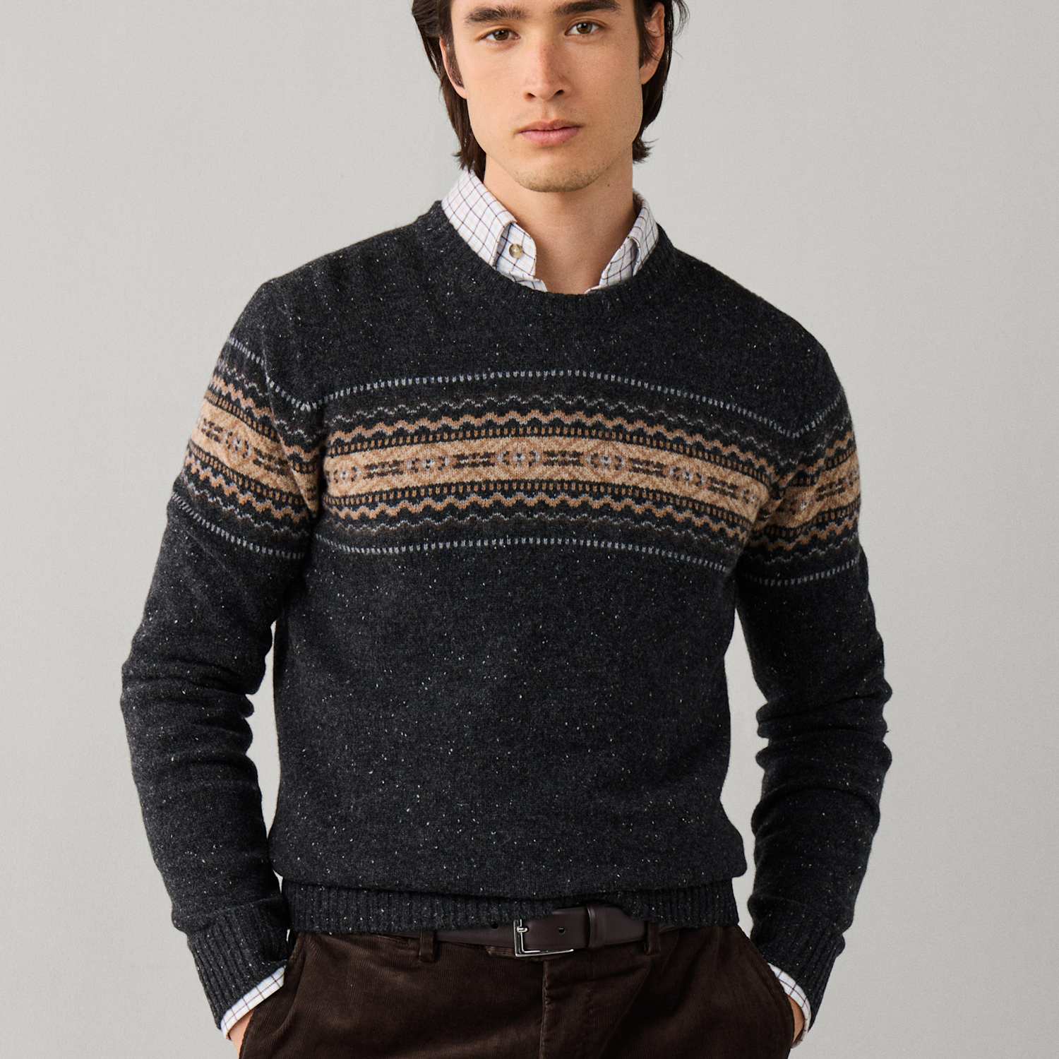 Hackett Men's Pure Merino Wool Fair Isle Crew Neck Jumper - M - Grey Mix - Available at M&S