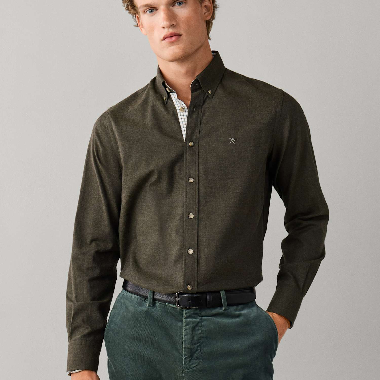 Hackett Men's Tailored Fit Pure Cotton Flannel Shirt - M - Khaki - Available at M&S