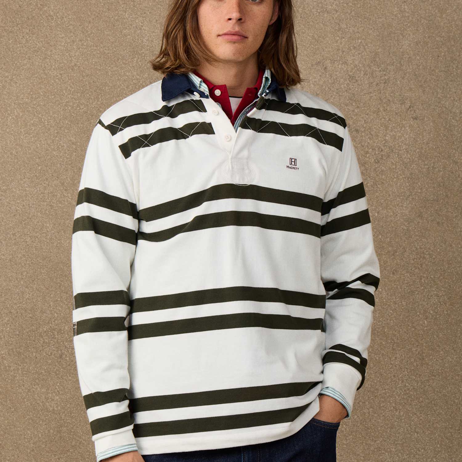 Hackett Men's Pure Cotton Quilted Striped Rugby Shirt - L - White/Black - Available at M&S