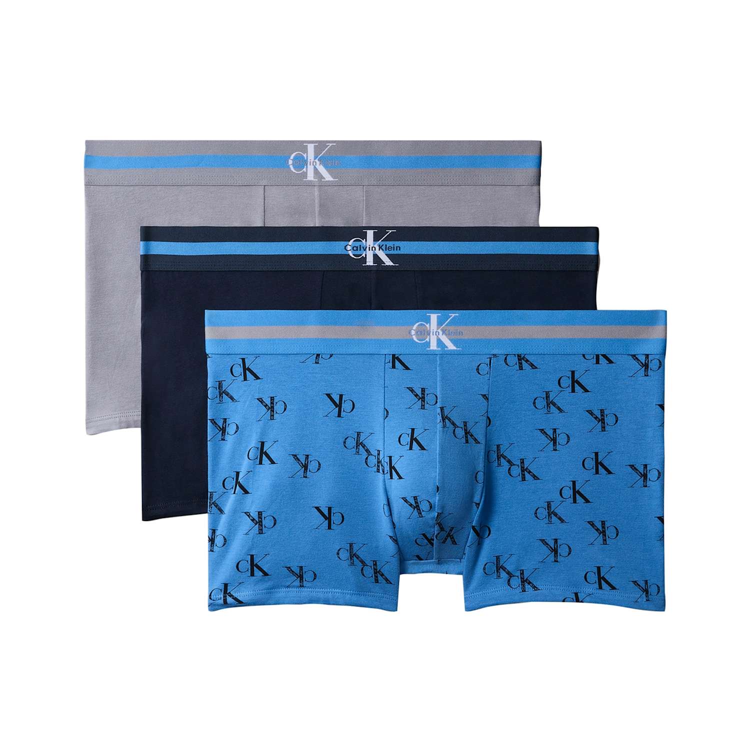 Calvin Klein Men's 3 Pack Cotton Rich Graphic Monogram Trunks - L - Blue Mix - Available at M&S