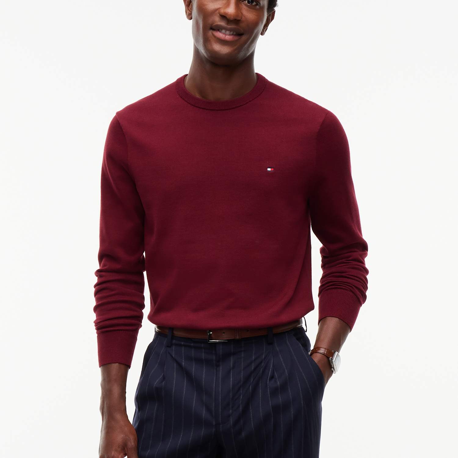 Tommy Hilfiger Men's Essential Pure Cotton Crew Neck Jumper - XL - Burgundy - Available at M&S