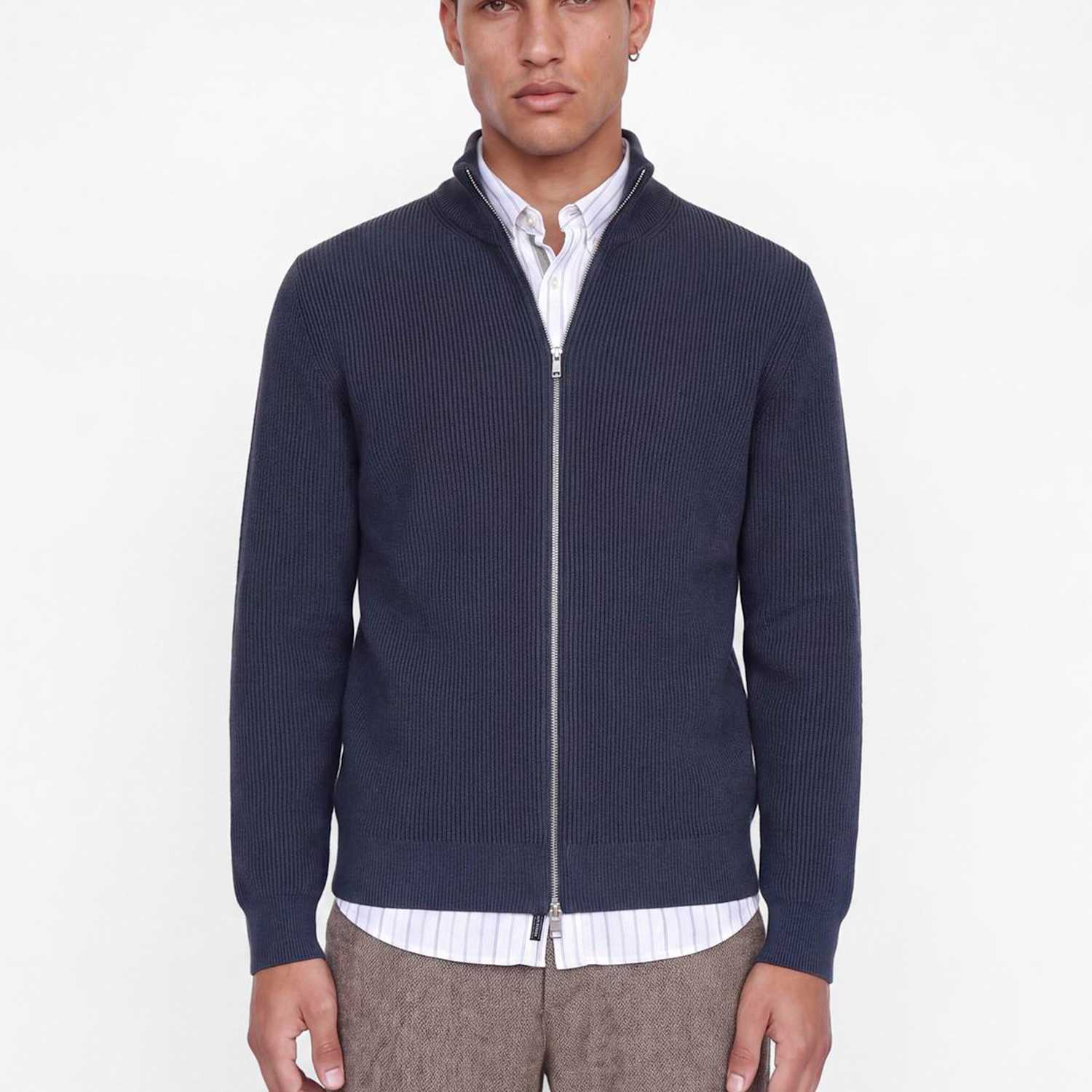 Jack & Jones Men's Ribbed Funnel Neck Cardigan - S - Dark Blue - Available at M&S