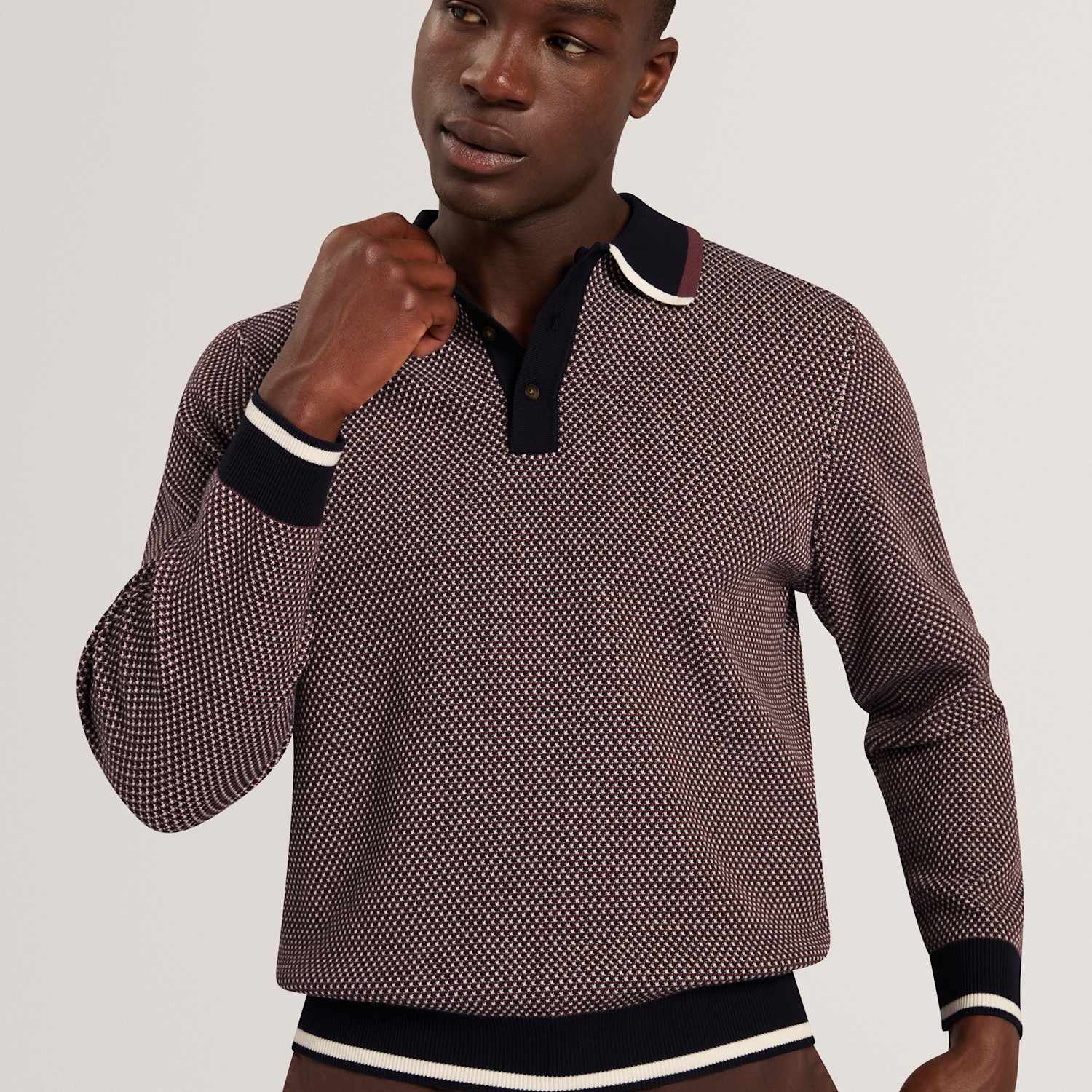 Ted Baker Men's Patterned Waffle Stitch Knitted Polo Shirt - M - Burgundy - Available at M&S