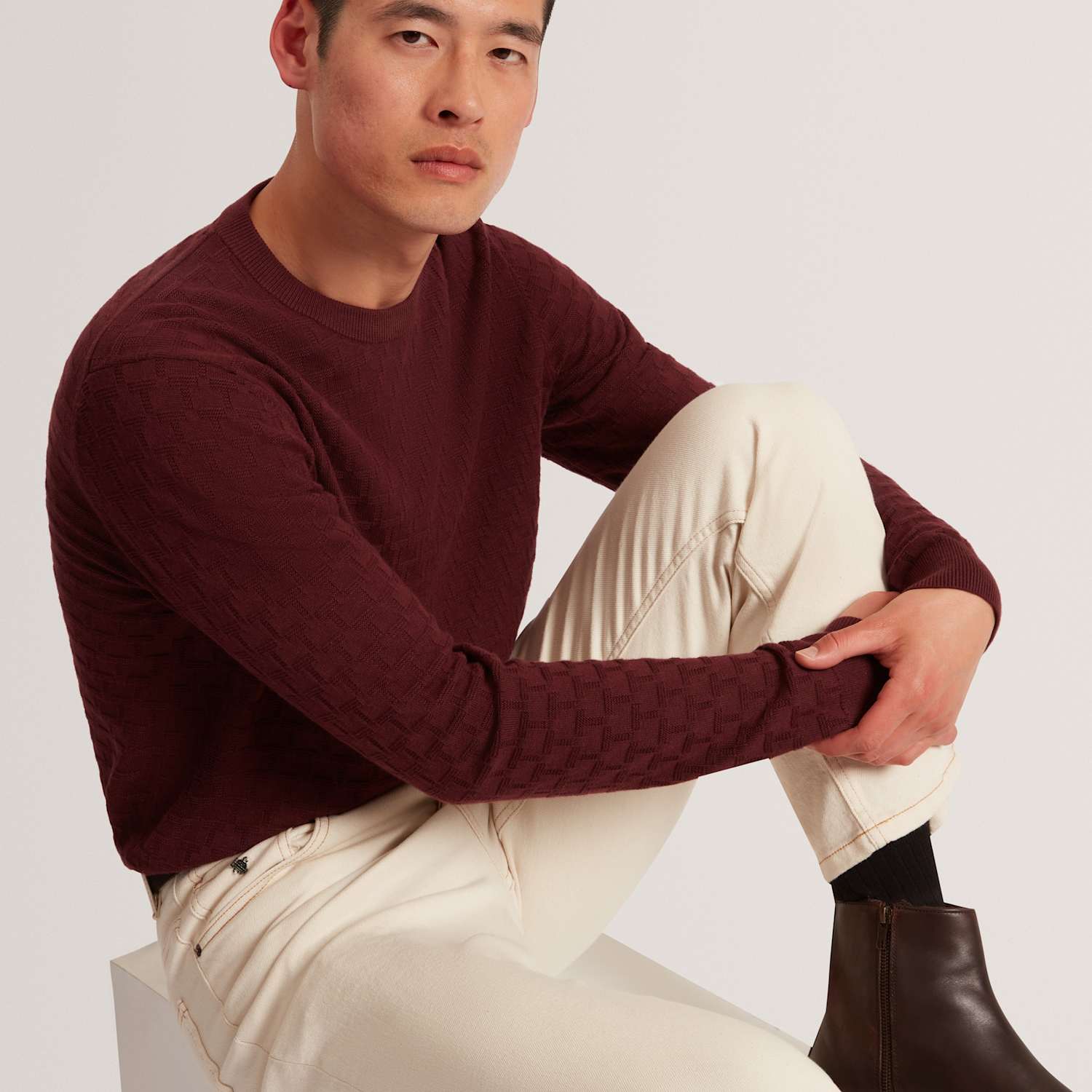 Ted Baker Men's Wool Blend Textured Crew Neck Jumper - M - Burgundy - Available at M&S