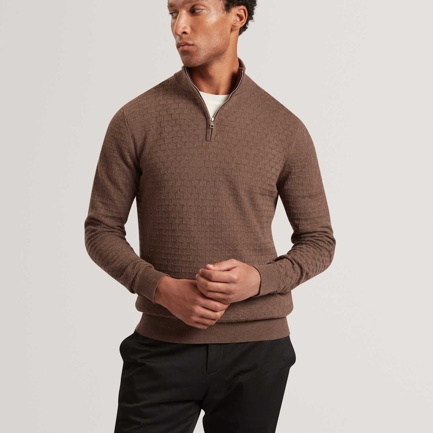 Ted Baker Men's Wool Blend Textured Half Zip Jumper - XL - Brown - Available at M&S