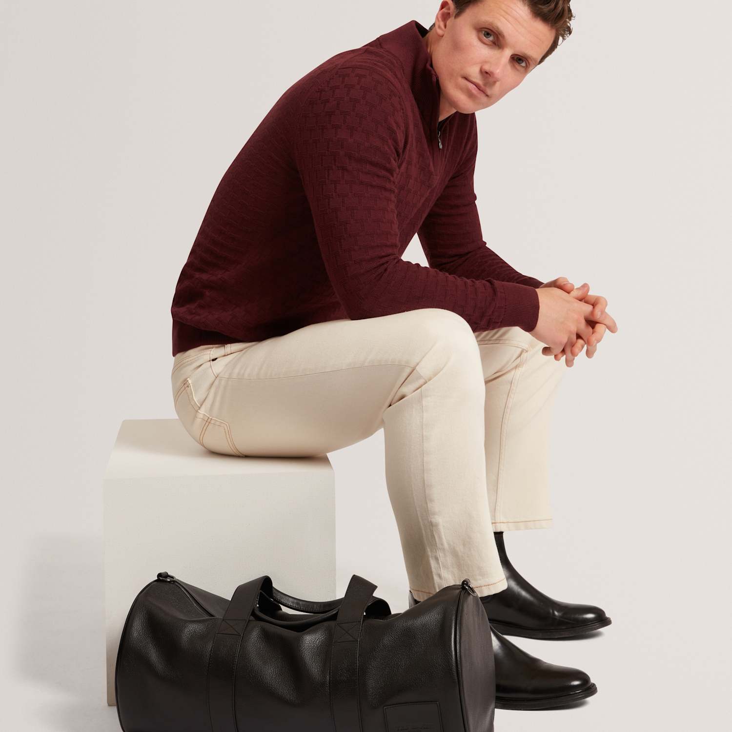 Ted Baker Men's Wool Blend Textured Half Zip Jumper - L - Burgundy - Available at M&S