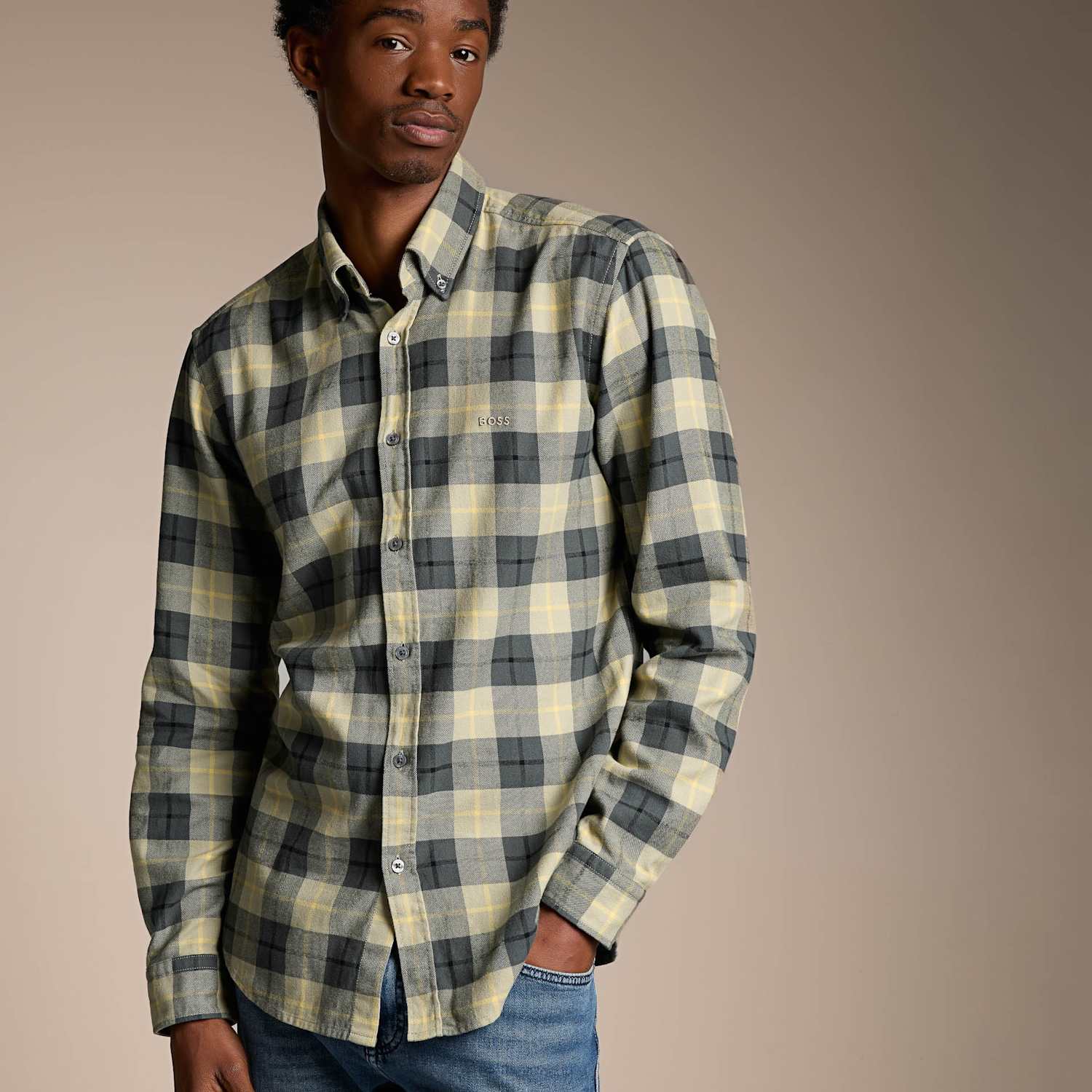Boss Men's Regular Fit Easy Iron Pure Cotton Checked Shirt - L - Green Mix - Available at M&S