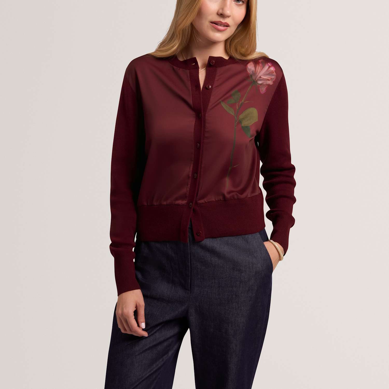 Ted Baker Women's Cotton Rich Floral Button Through Cardigan - 10 - Burgundy - Available at M&S