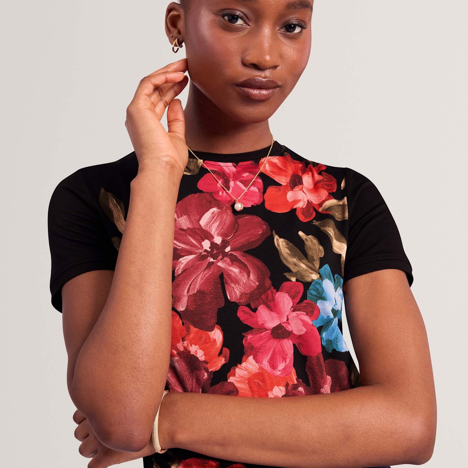 Ted Baker Women's Floral Ruched Asymmetric Hem T-Shirt - 12 - Black - Available at M&S