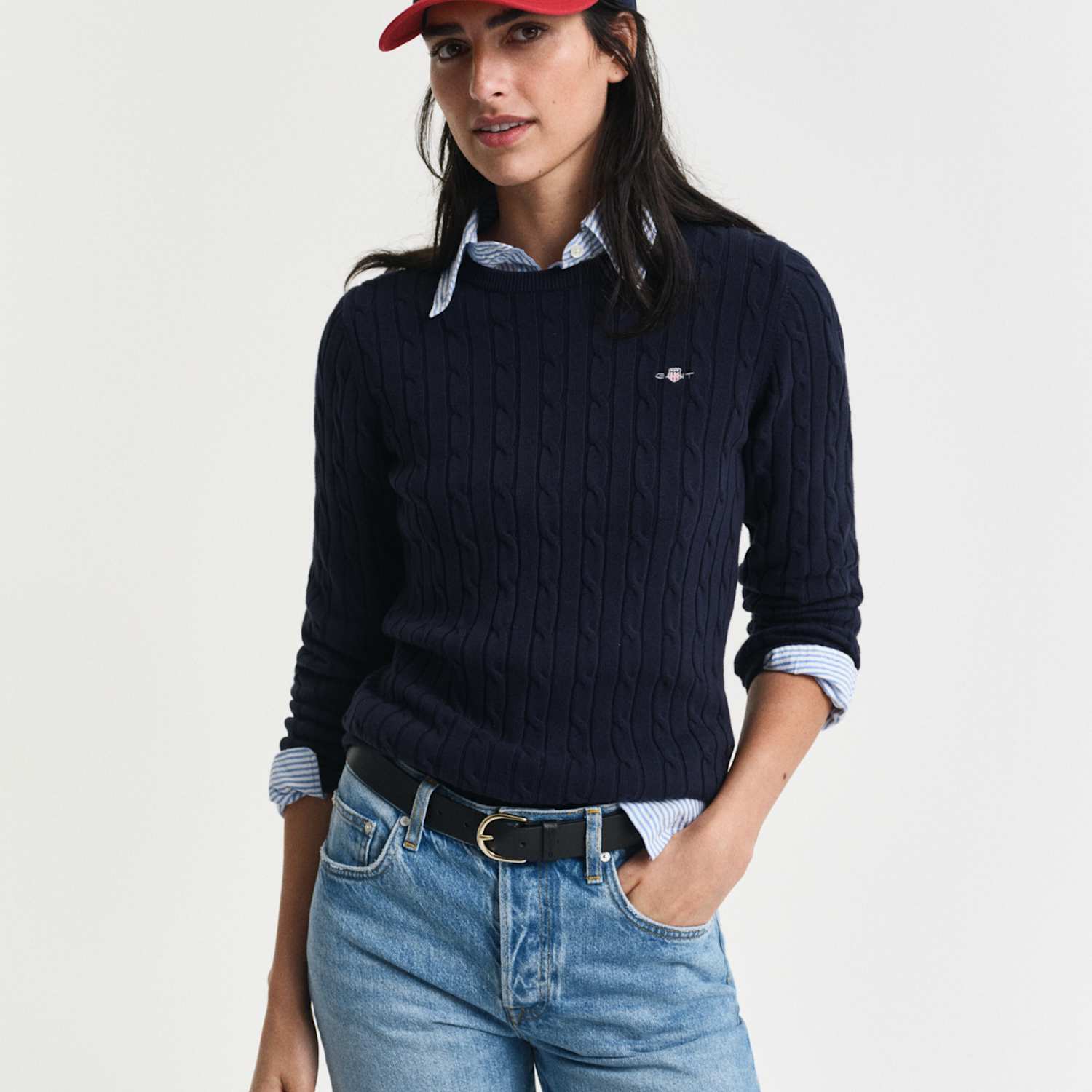 Gant Women's Cotton Rich Cable Knit Crew Neck Jumper - XX Large - Navy - Available at M&S