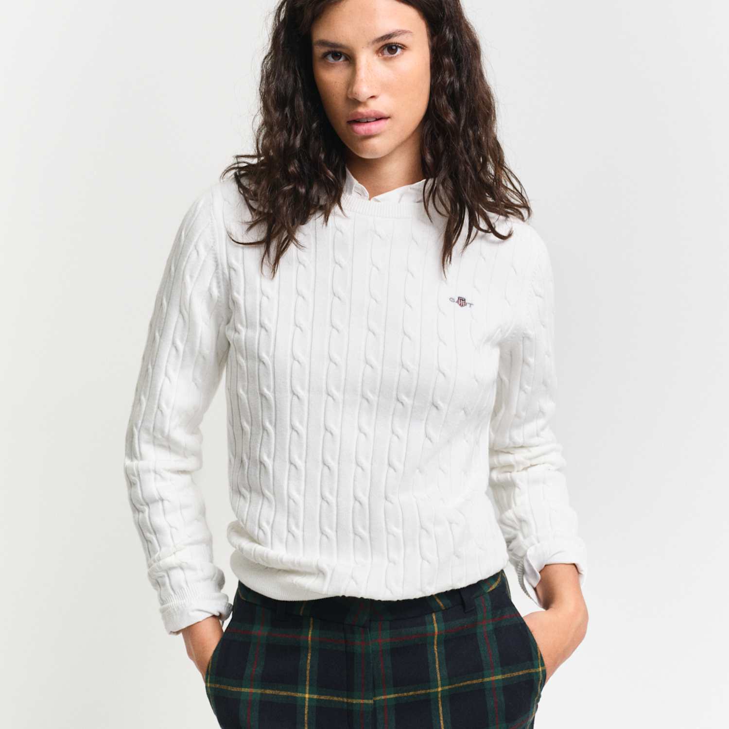 Gant Women's Cotton Rich Cable Knit Crew Neck Jumper - Medium - White - Available at M&S