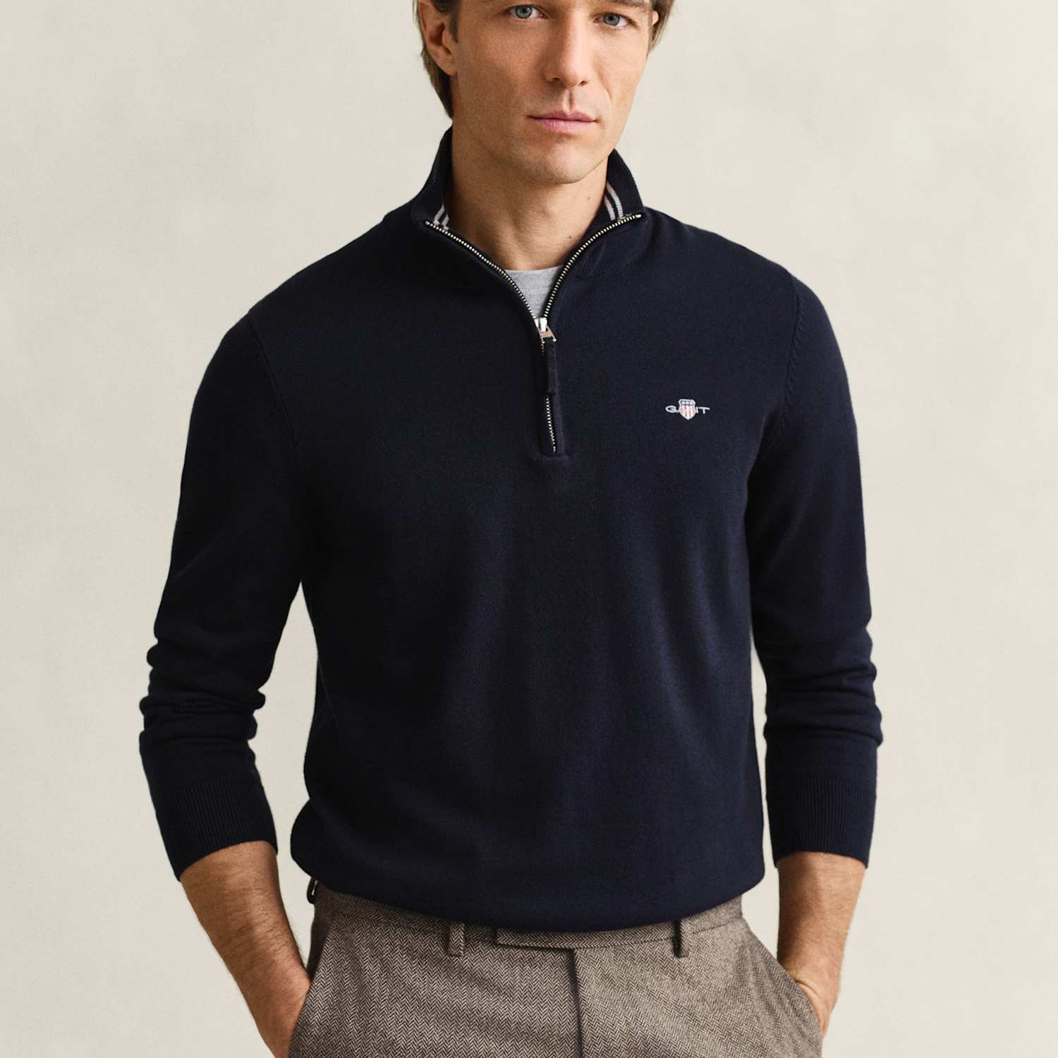 Gant Men's Pure Cotton Funnel Neck Half Zip Jumper - S - Navy - Available at M&S