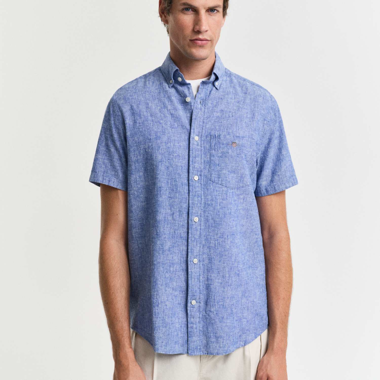 Gant Men's Regular Fit Linen Rich Short Sleeve Shirt - L - Blue - Available at M&S