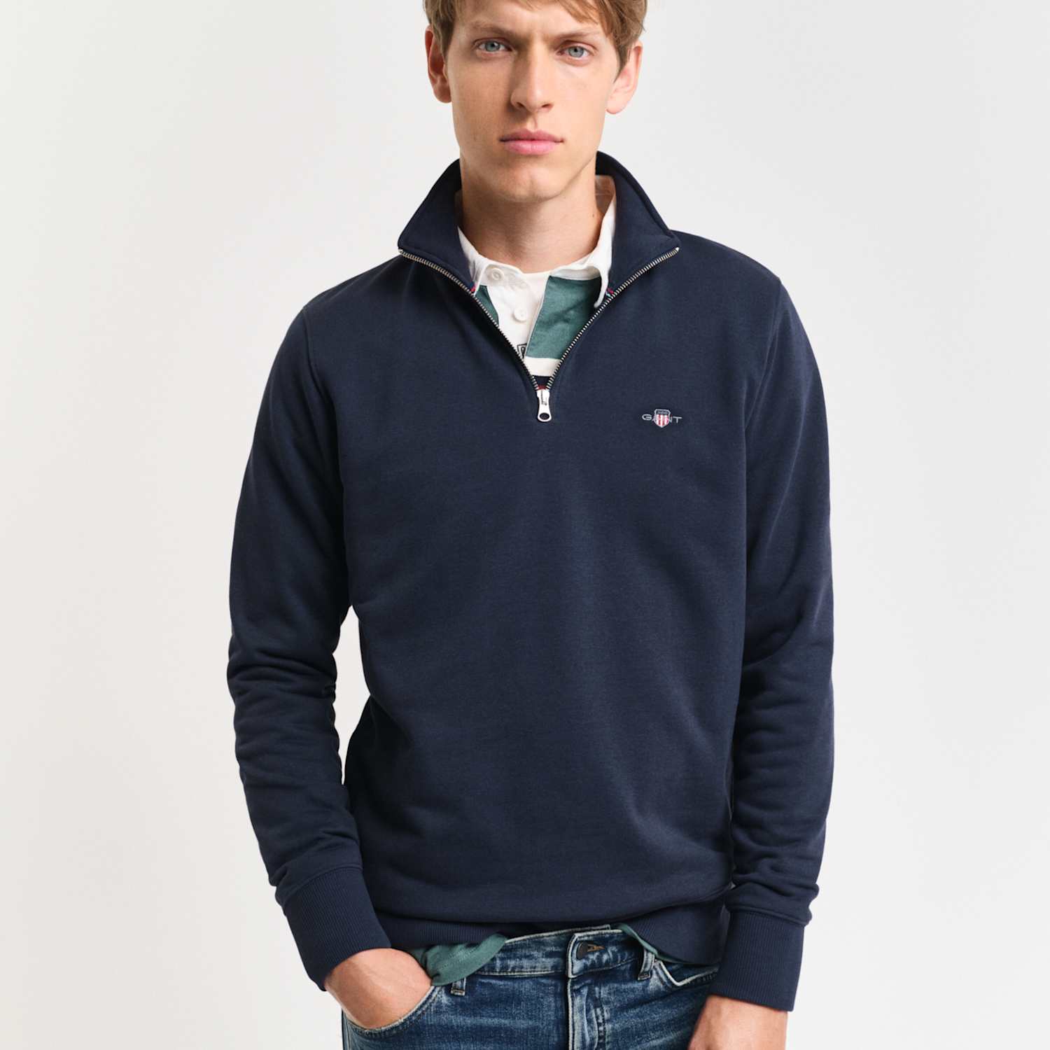 Gant Men's Cotton Rich Funnel Neck Half Zip Sweatshirt - M - Navy - Available at M&S