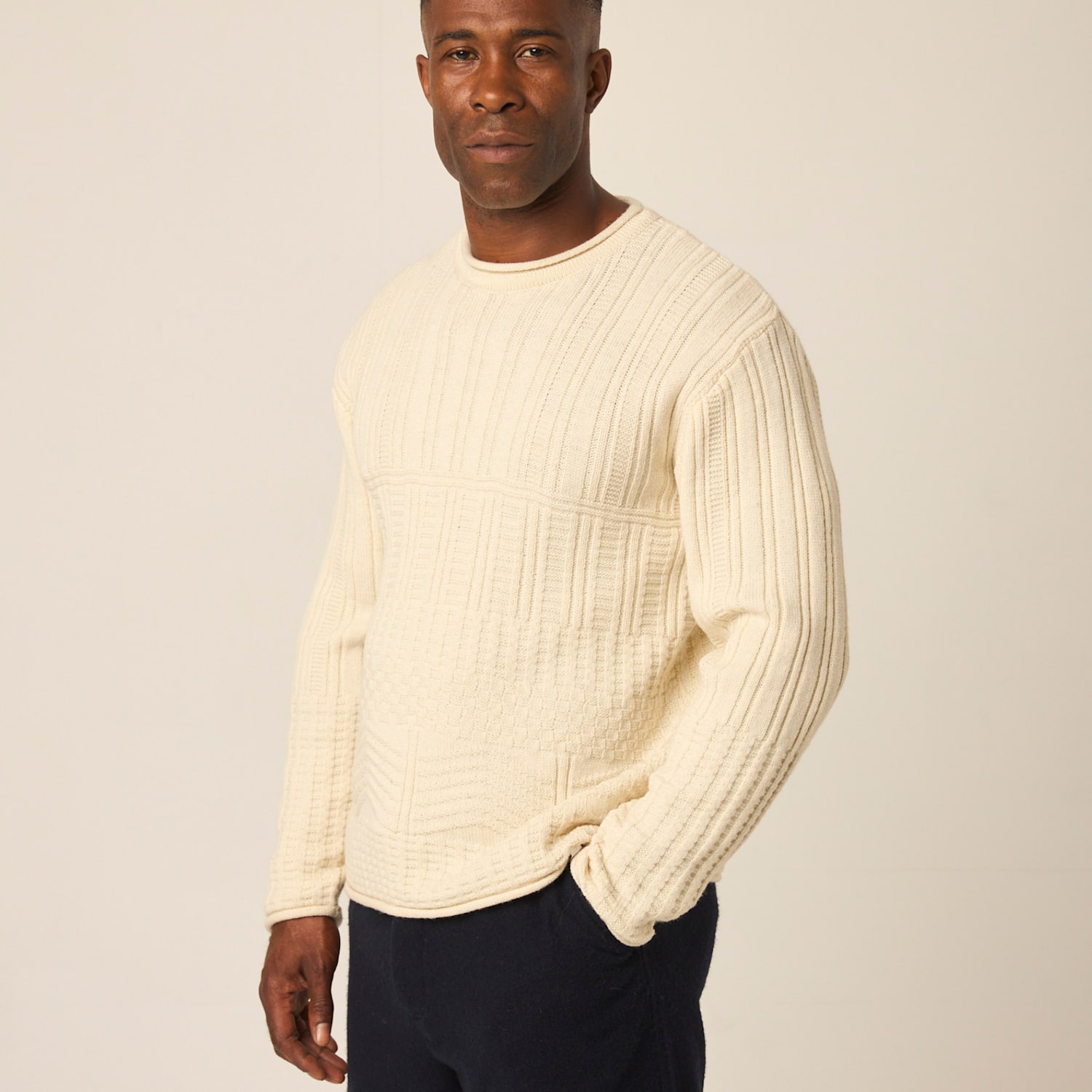 Peregrine Men's Pure Merino Wool Textured Crew Neck Jumper - L - Cream - Available at M&S
