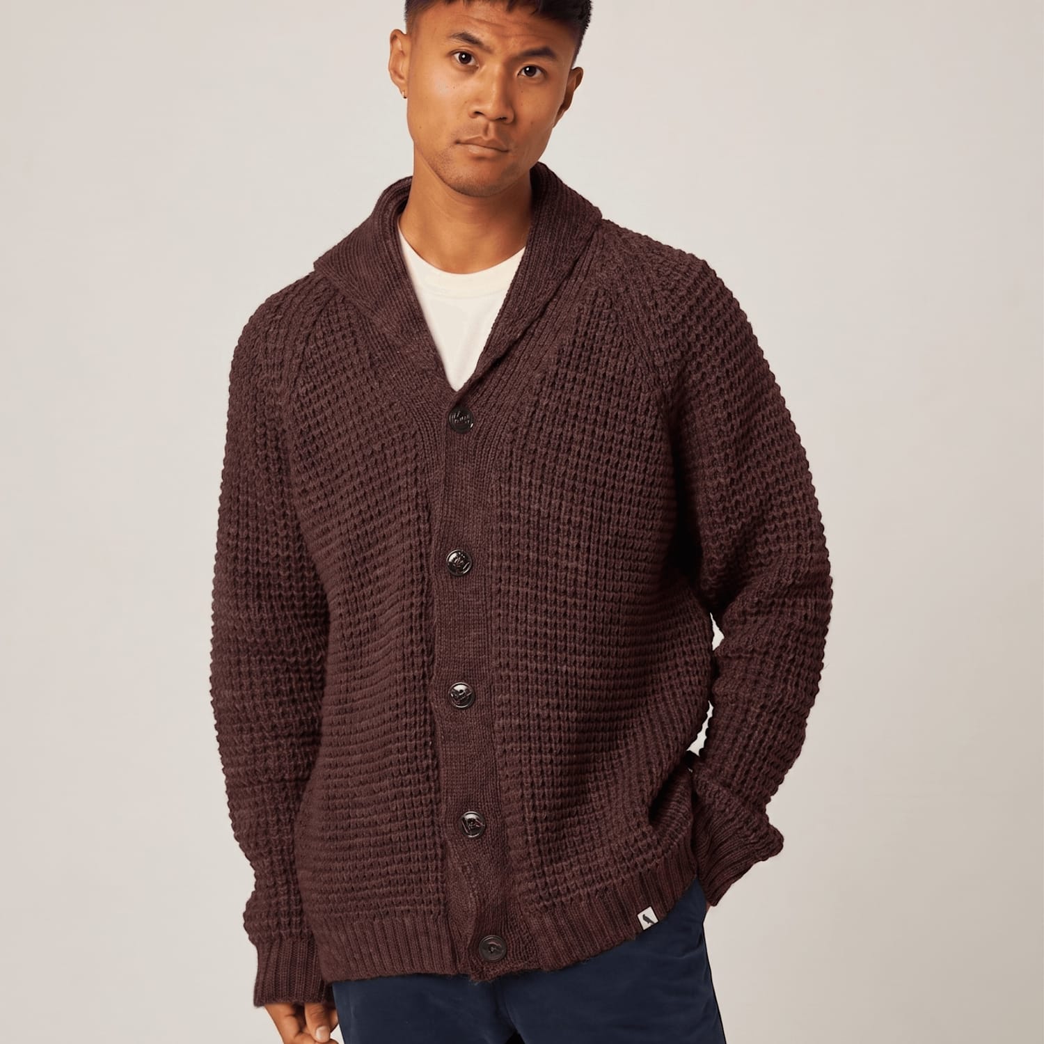 Peregrine Men's Pure Wool Waffle Shawl Neck Cardigan - M - Burgundy - Available at M&S
