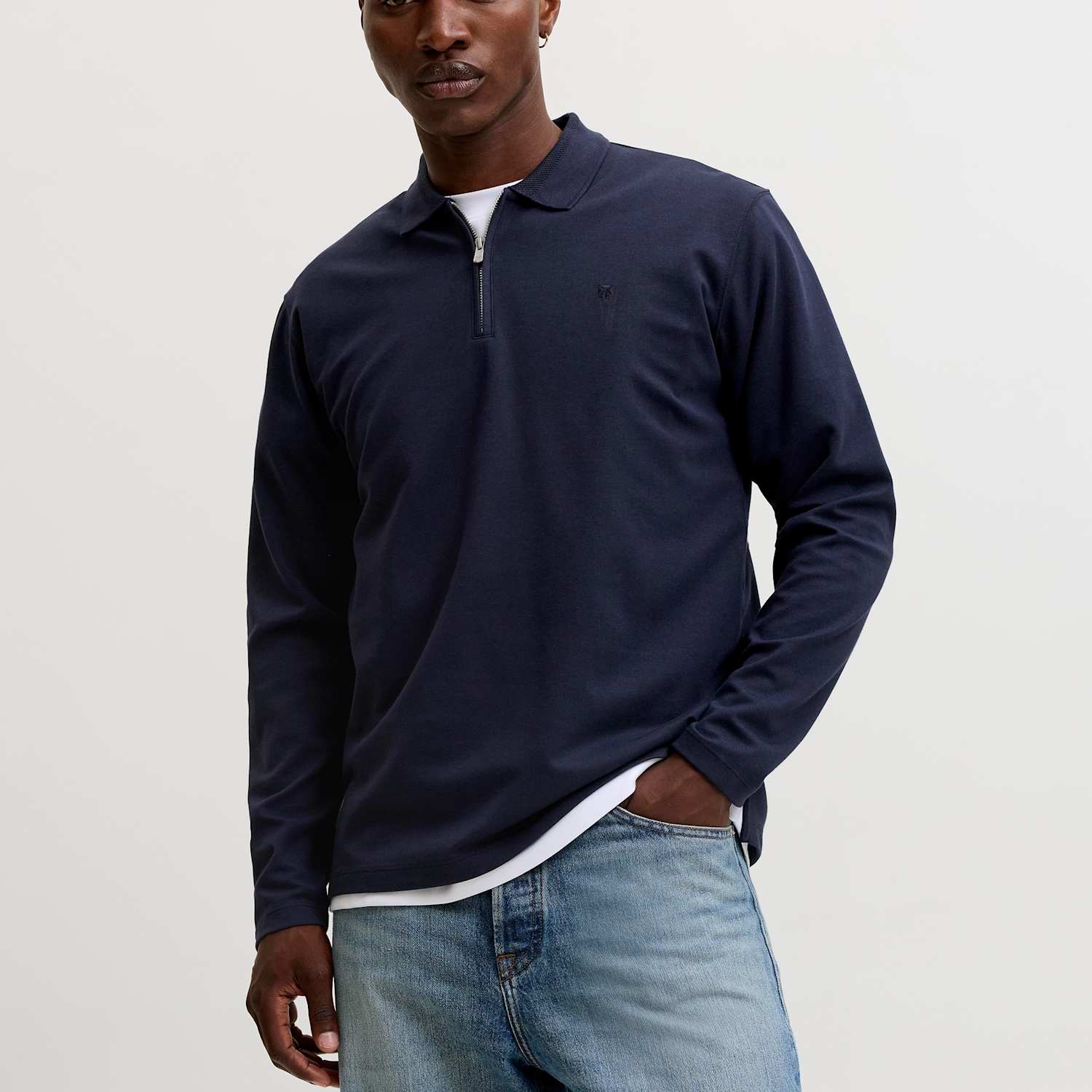 Jack & Jones Men's Cotton Blend Half Zip Long Sleeve Polo Shirt - S - Navy - Available at M&S