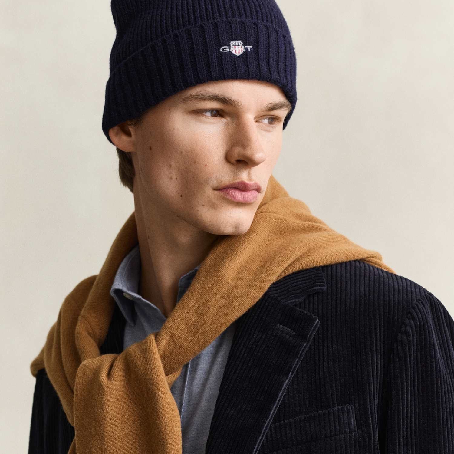 Gant Men's Wool Rich Shield Beanie Hat - Navy - Available at M&S