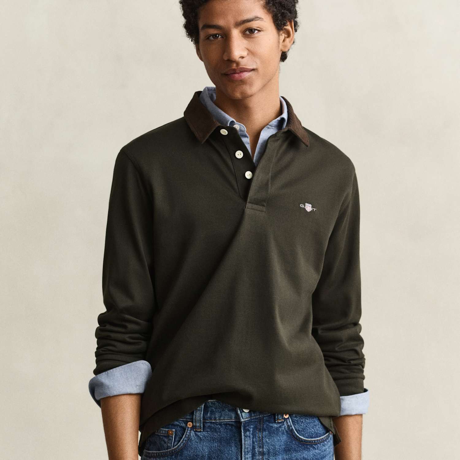 Gant Men's Pure Cotton Corduroy Collar Rugby Shirt - XL - Green - Available at M&S