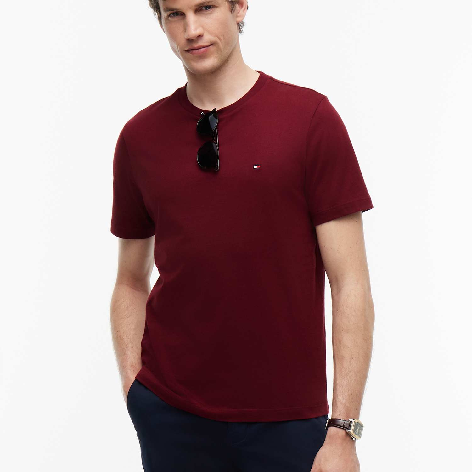 Tommy Hilfiger Men's Pure Cotton Crew Neck T-Shirt - XL - Burgundy - Available at M&S