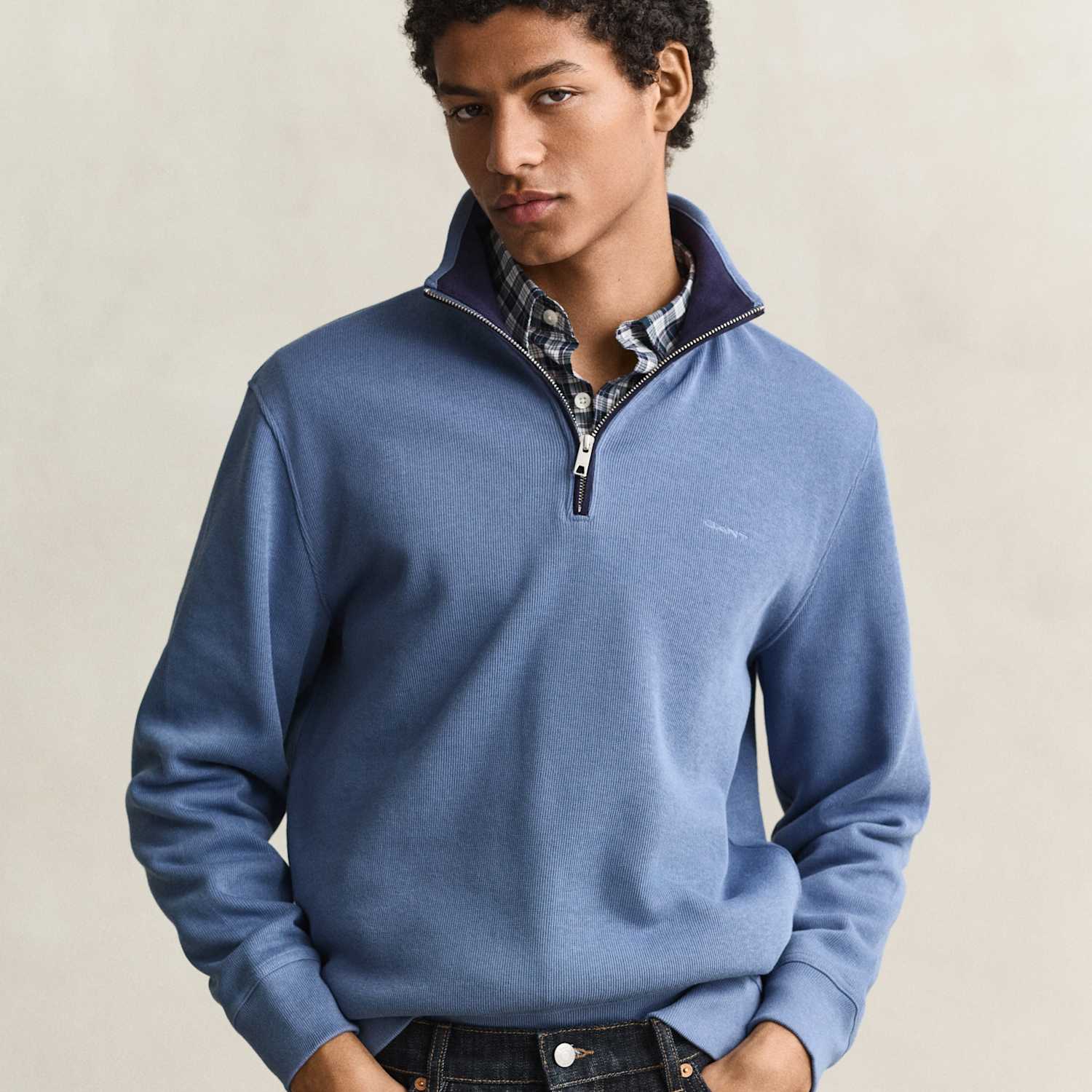 Gant Men's Pure Cotton Ribbed Half Zip Sweatshirt - XL - Blue - Available at M&S