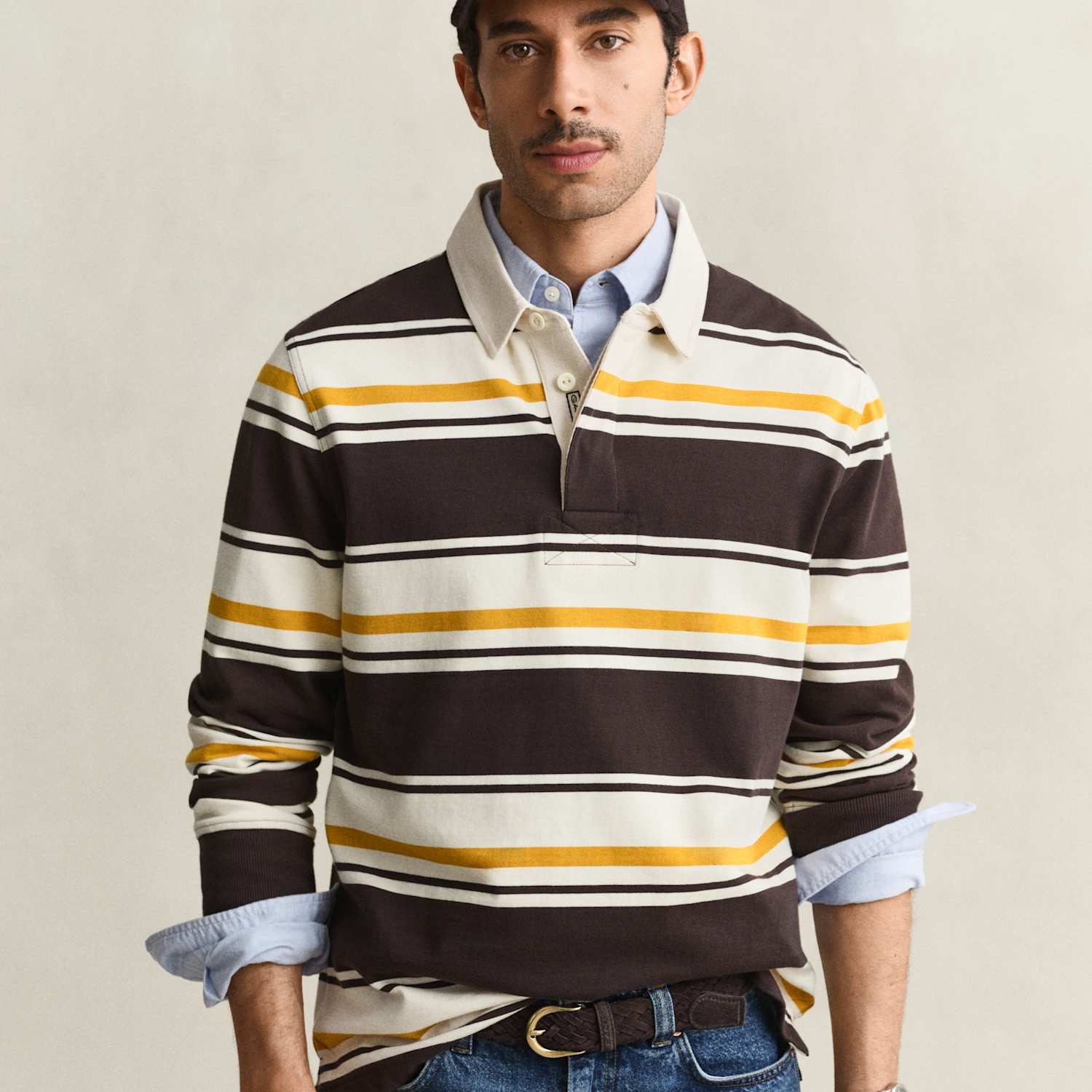 Gant Men's Pure Cotton Striped Heavy Rugby Shirt - L - Brown Mix - Available at M&S
