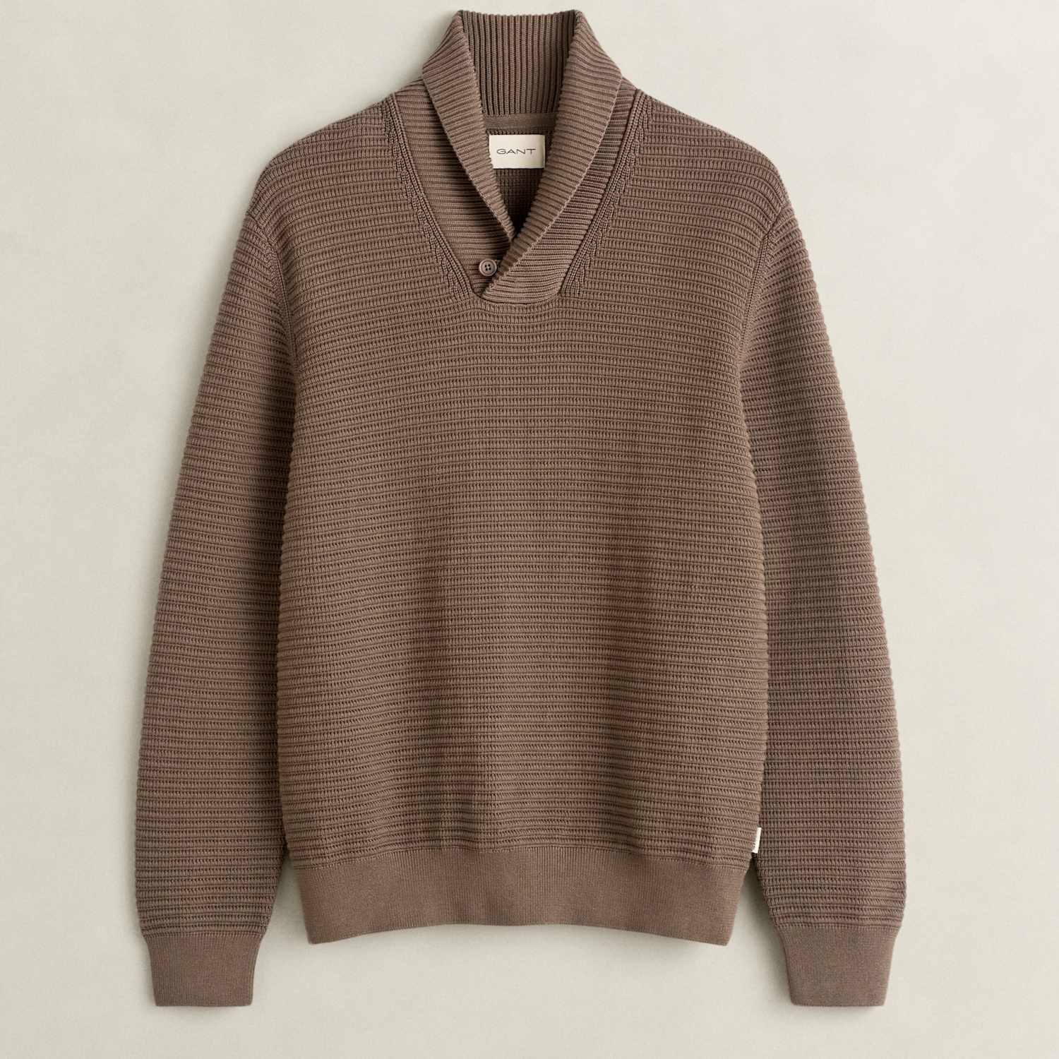 Gant Men's Cotton Rich Textured Shawl Collar Jumper - L - Taupe - Available at M&S