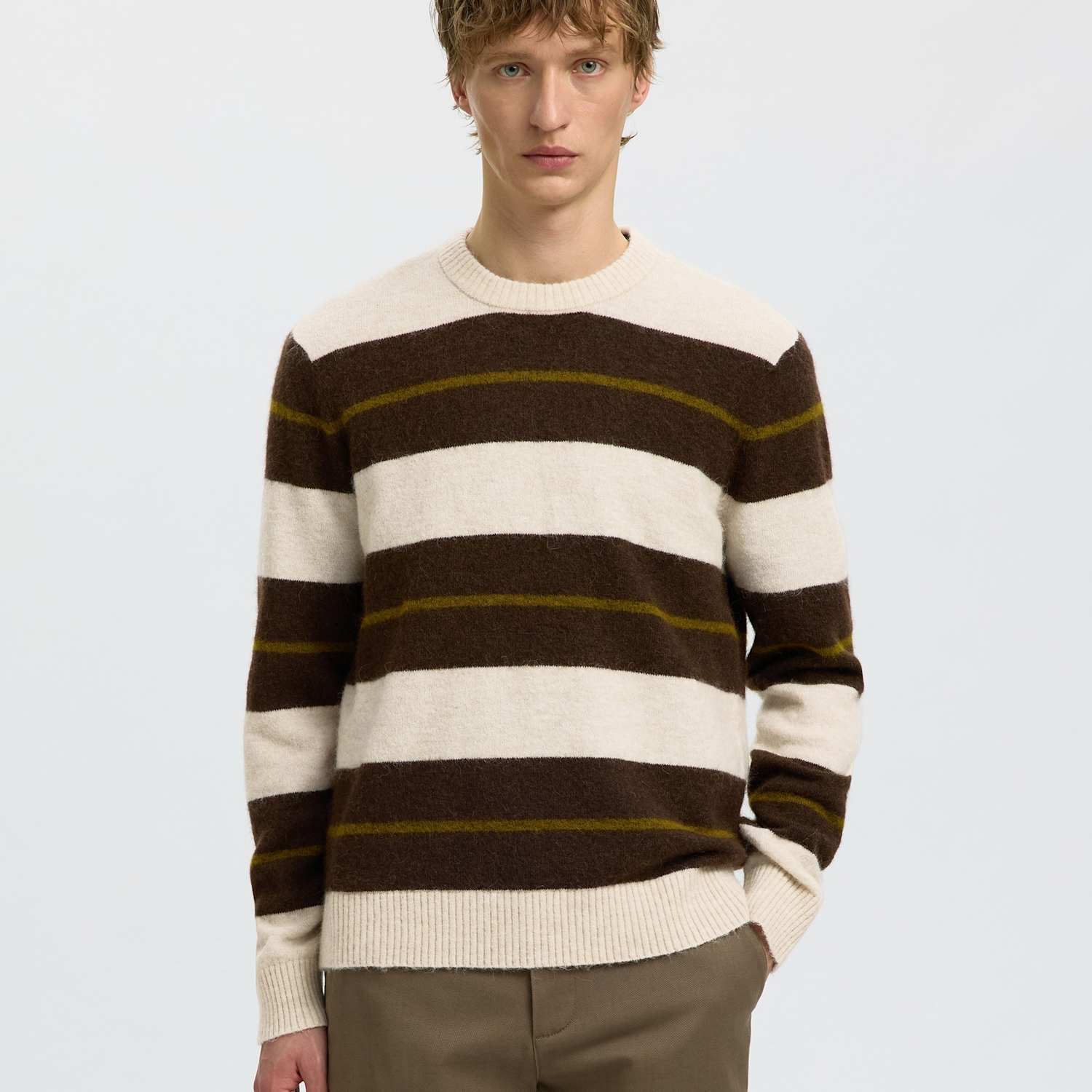 Selected Men's Colour Block Crew Neck Jumper with Alpaca - L - Oatmeal Mix - Available at M&S
