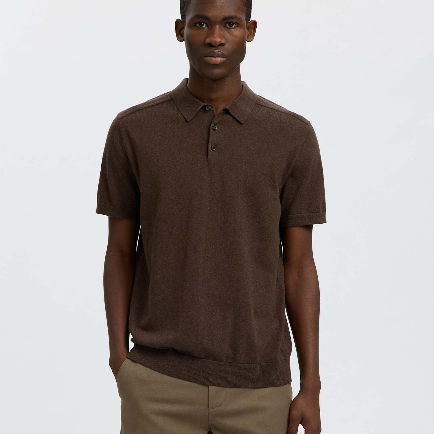 Selected Men's Pure Cotton Knitted Polo Shirt - L - Brown - Available at M&S