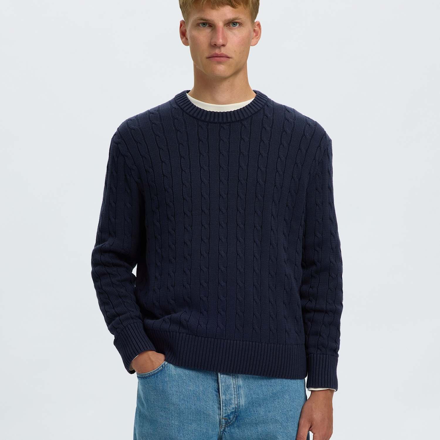 Selected Men's Pure Cotton Cable Knit Jumper - M - Navy - Available at M&S