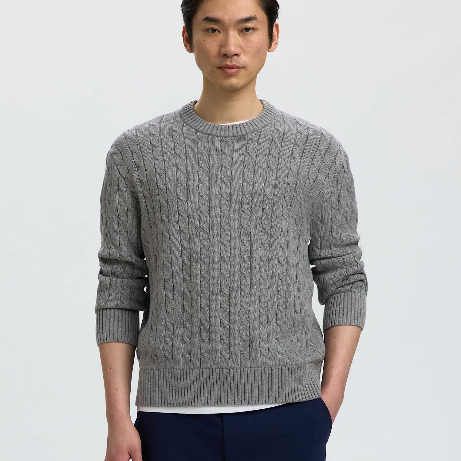 Selected Men's Pure Cotton Cable Knit Jumper - M - Grey - Available at M&S