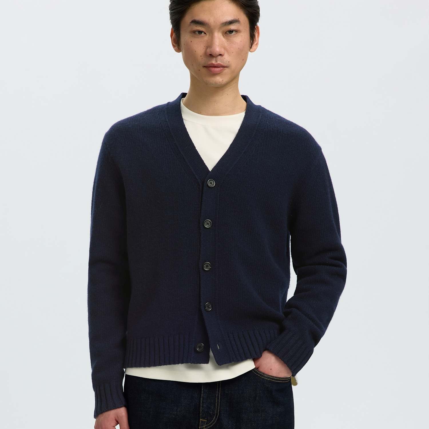 Selected Men's Wool Rich Textured V-Neck Cardigan - XL - Navy - Available at M&S