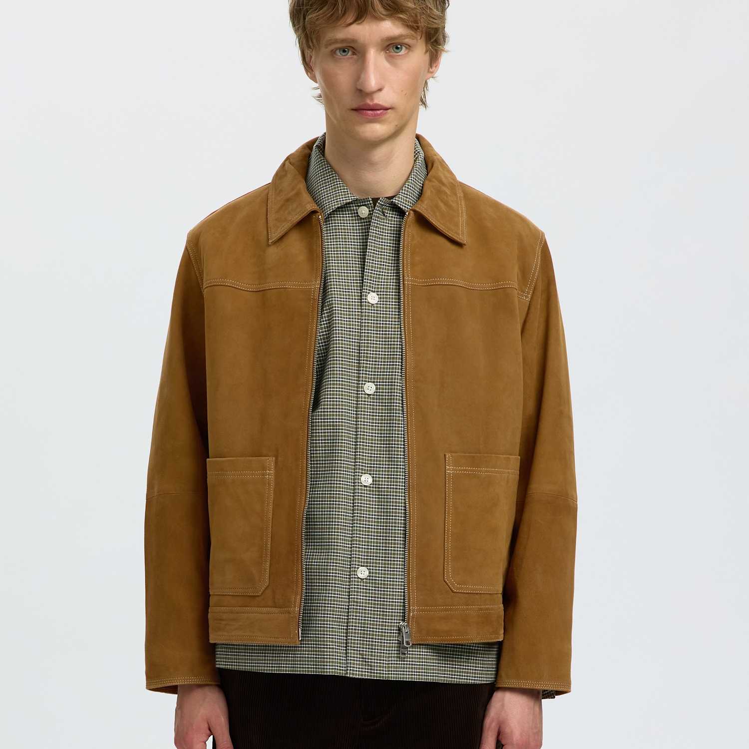 Selected Men's Suede Collared Zip Up Jacket - XL - Tan - Available at M&S