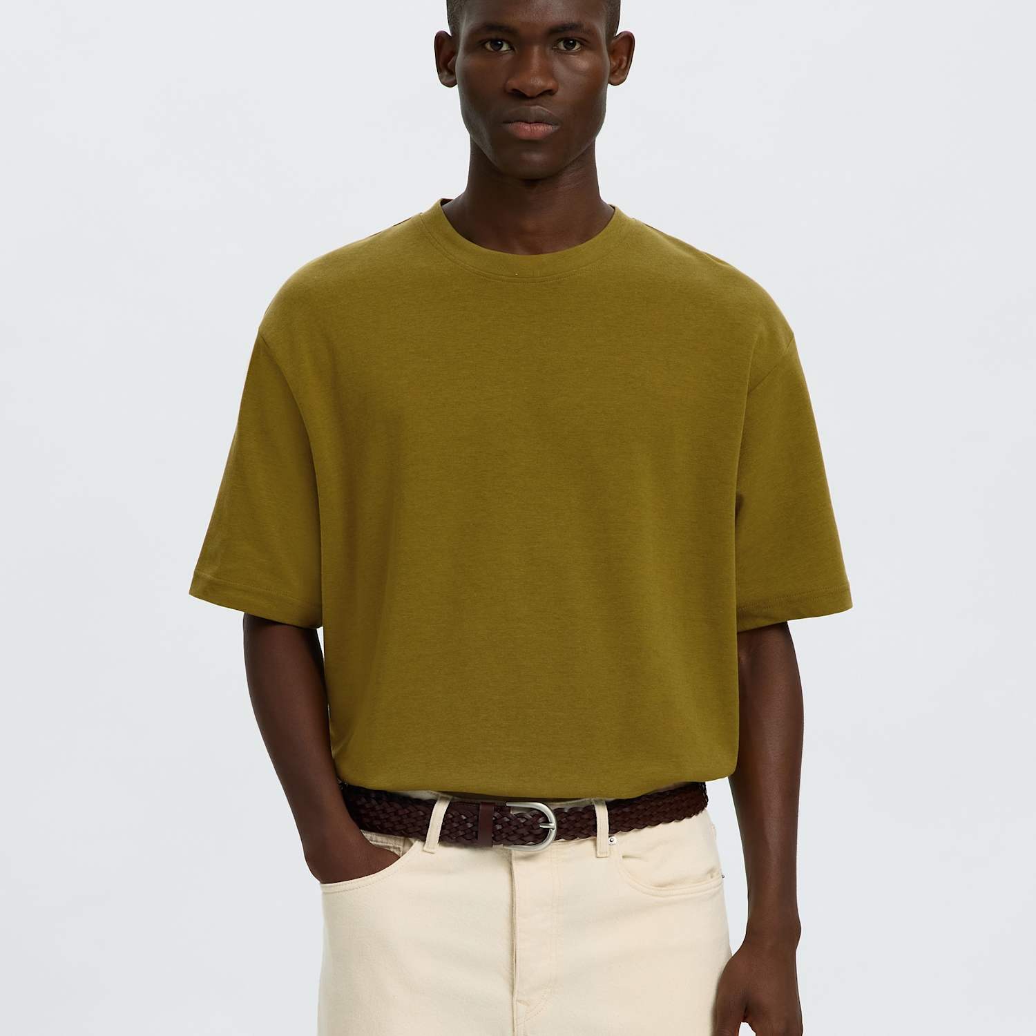 Selected Men's Cotton Blend Crew Neck T-Shirt - L - Green - Available at M&S
