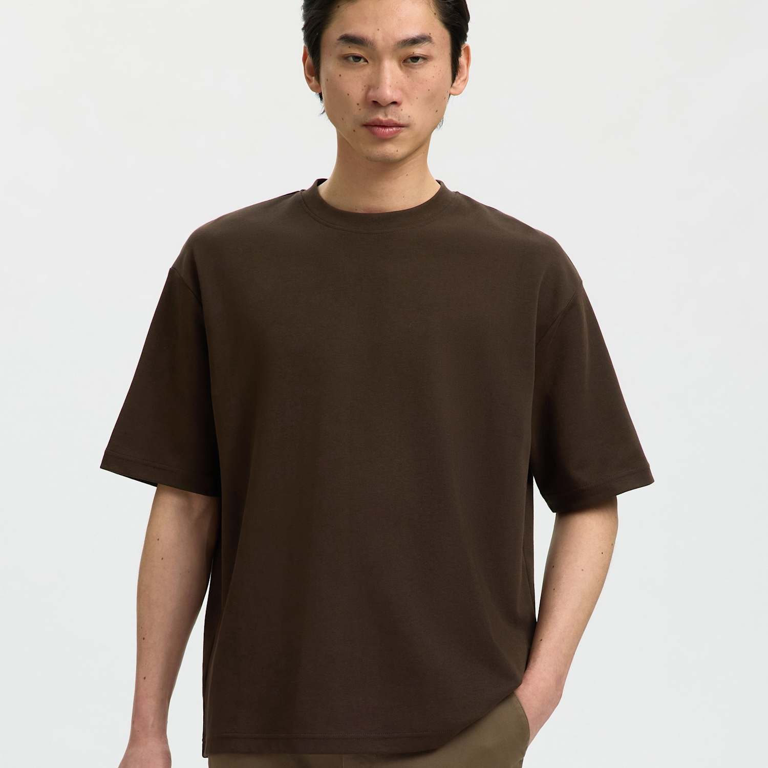 Selected Men's Cotton Blend Crew Neck T-Shirt - XL - Brown - Available at M&S