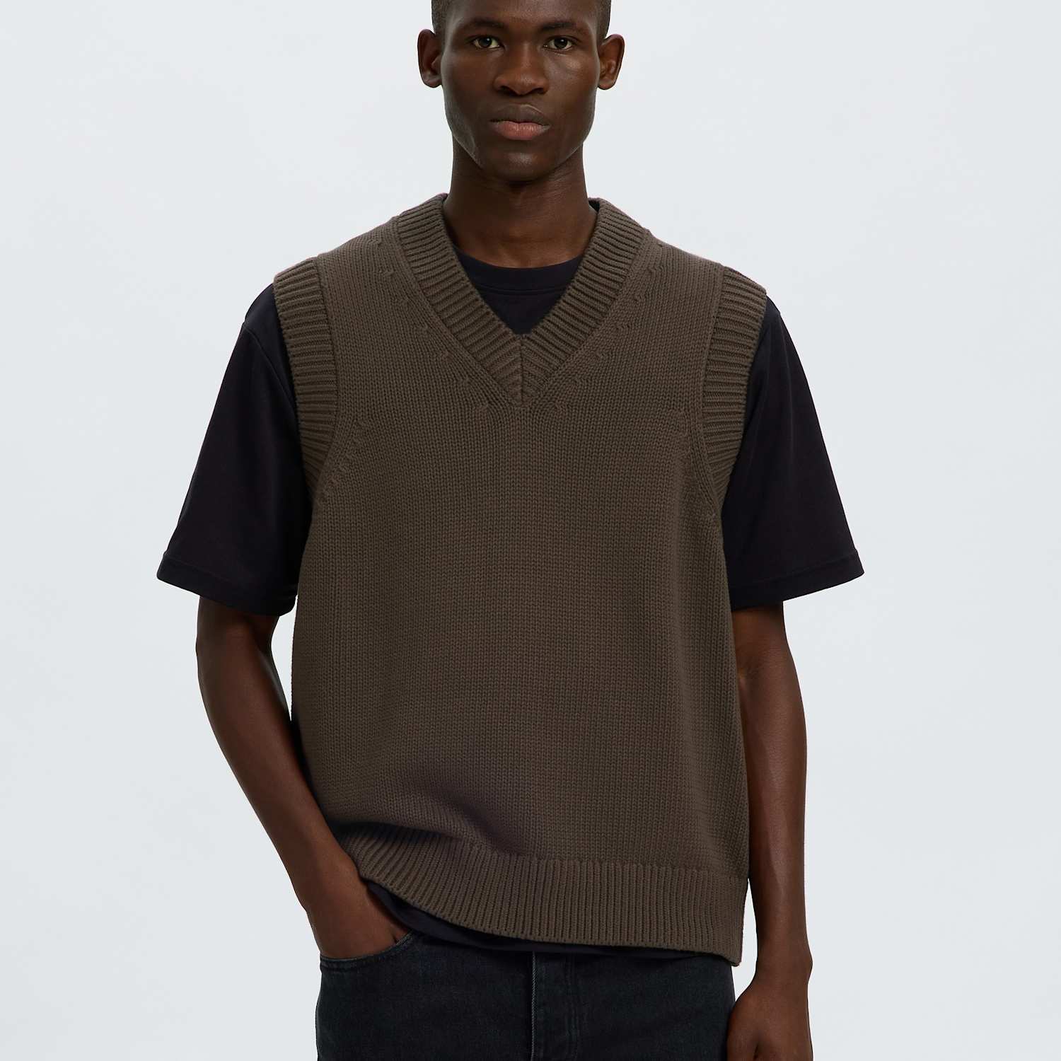 Selected Men's Pure Cotton V-Neck Knitted Vest - XL - Dark Brown - Available at M&S