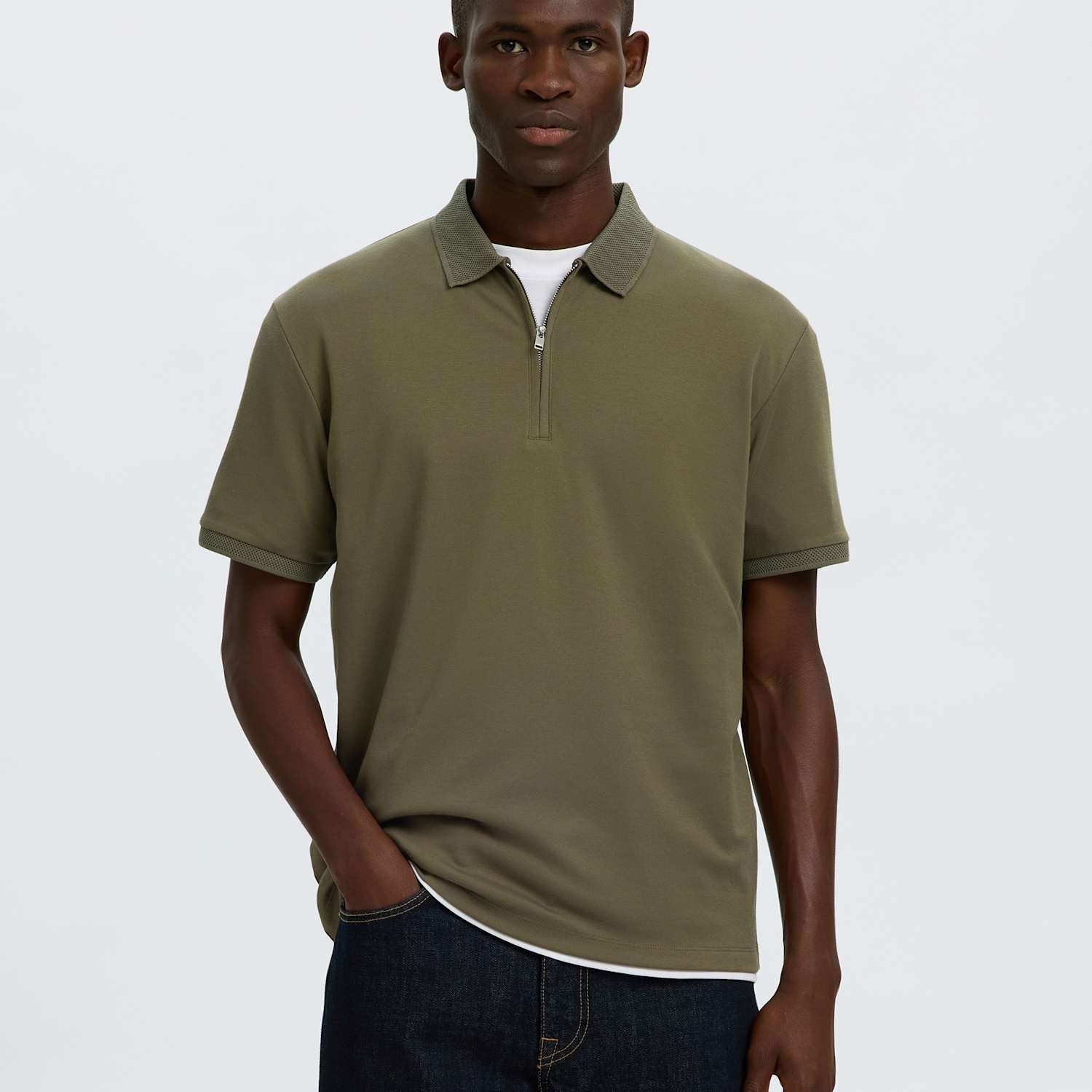 Selected Men's Cotton Blend Half Zip Polo Shirt - M - Green - Available at M&S