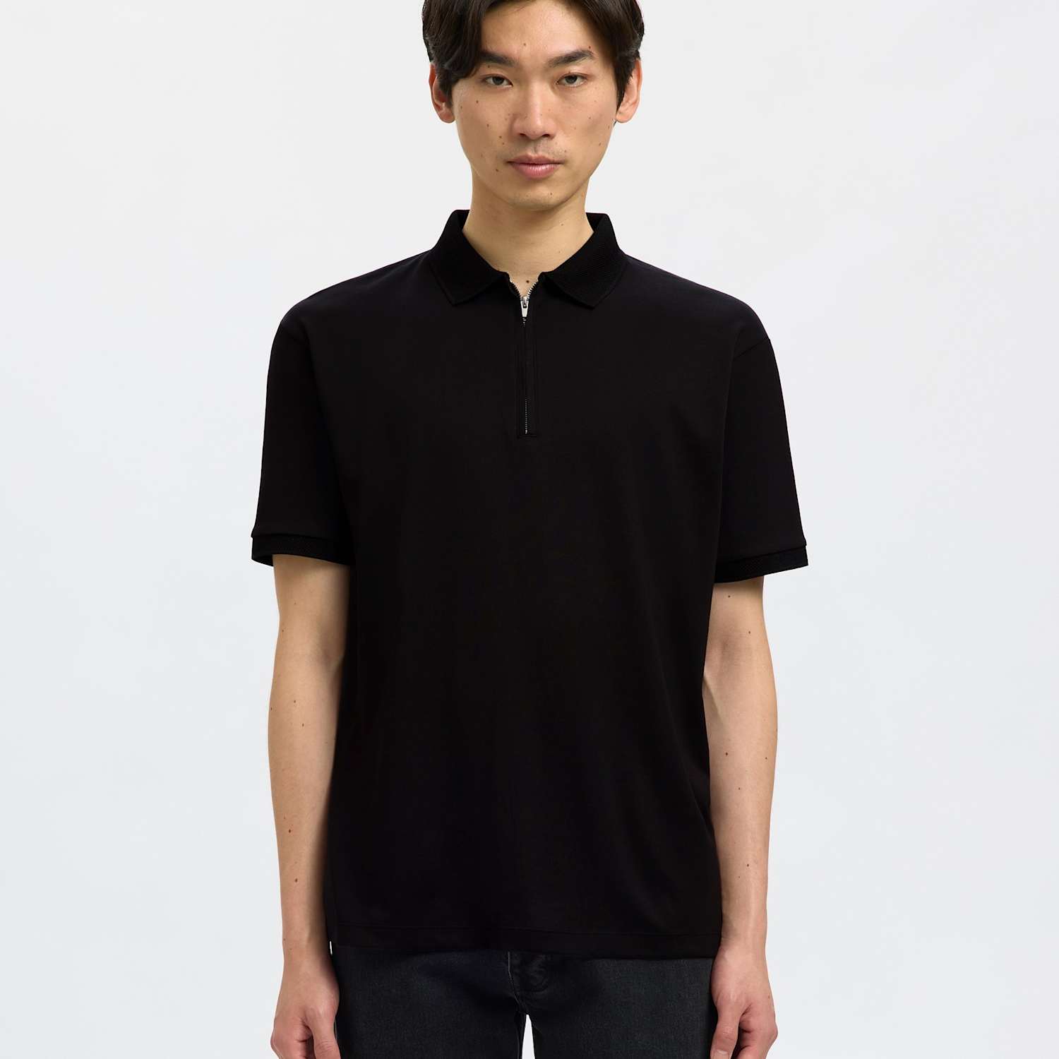 Selected Men's Cotton Blend Half Zip Polo Shirt - M - Black - Available at M&S
