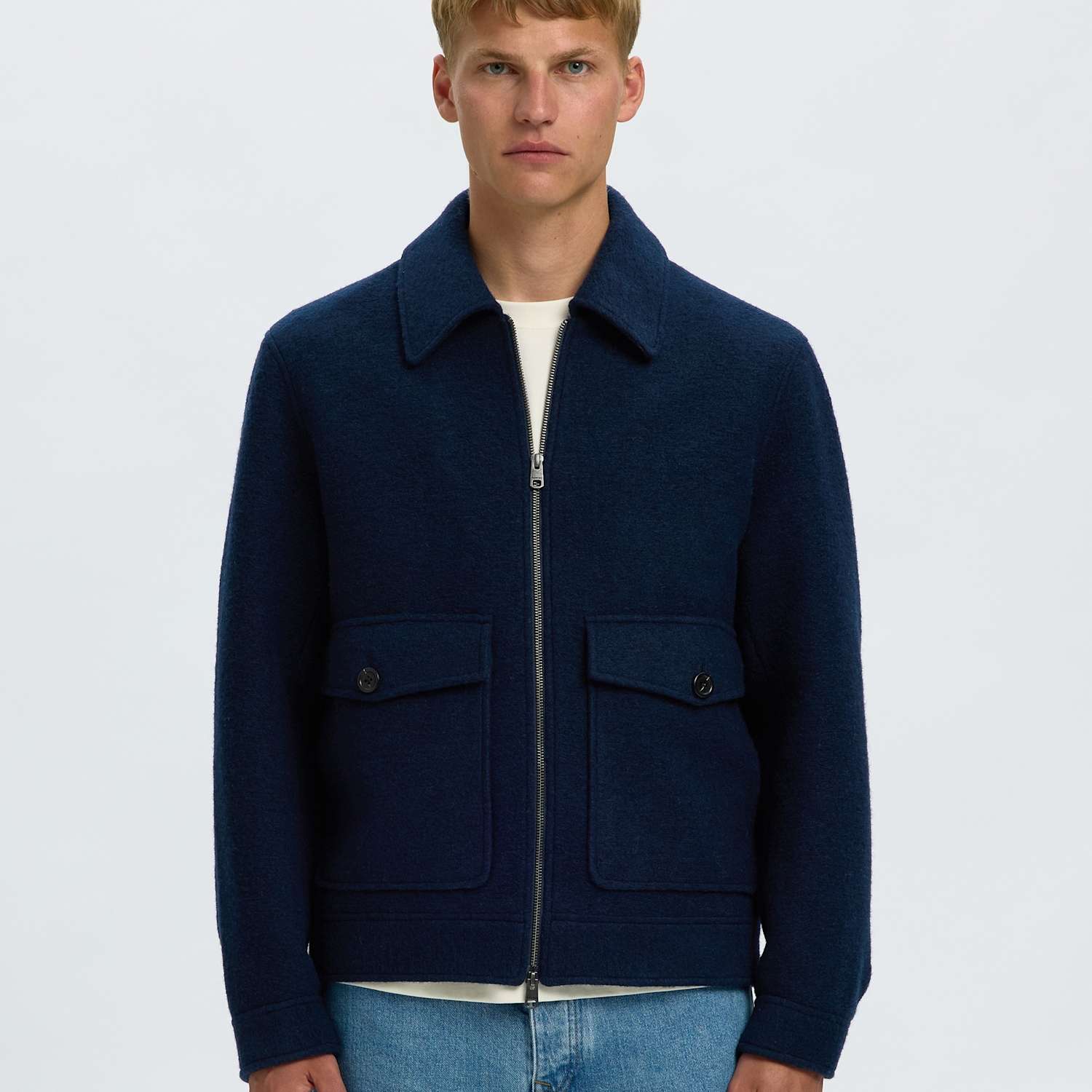 Selected Men's Wool Blend Harrington Jacket - XL - Navy - Available at M&S